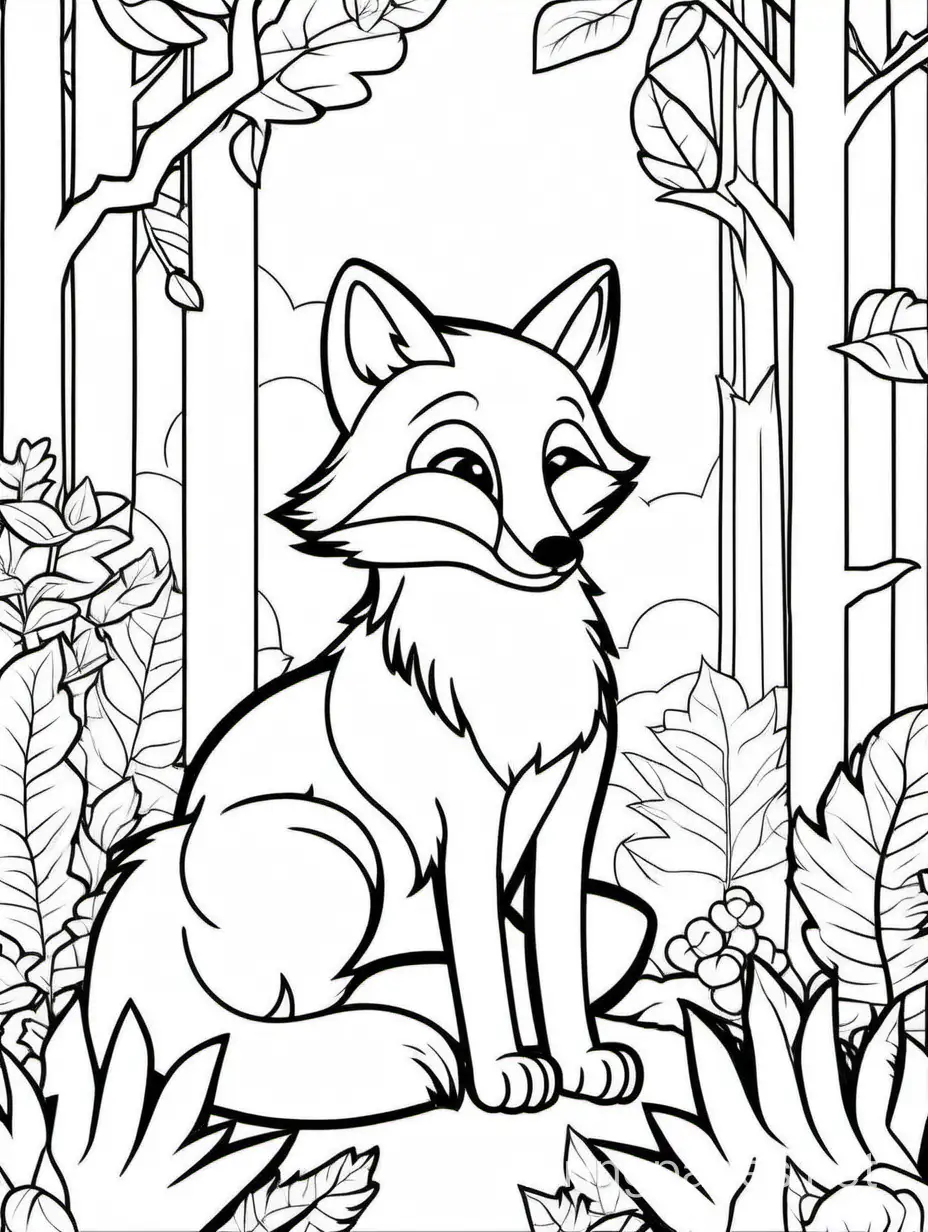 illustration, only thick outlines, no grayscale, white background, for kids to color, cartoon style, cute fox, forest, Coloring Page, black and white, line art, white background, Simplicity, Ample White Space. The background of the coloring page is plain white to make it easy for young children to color within the lines. The outlines of all the subjects are easy to distinguish, making it simple for kids to color without too much difficulty