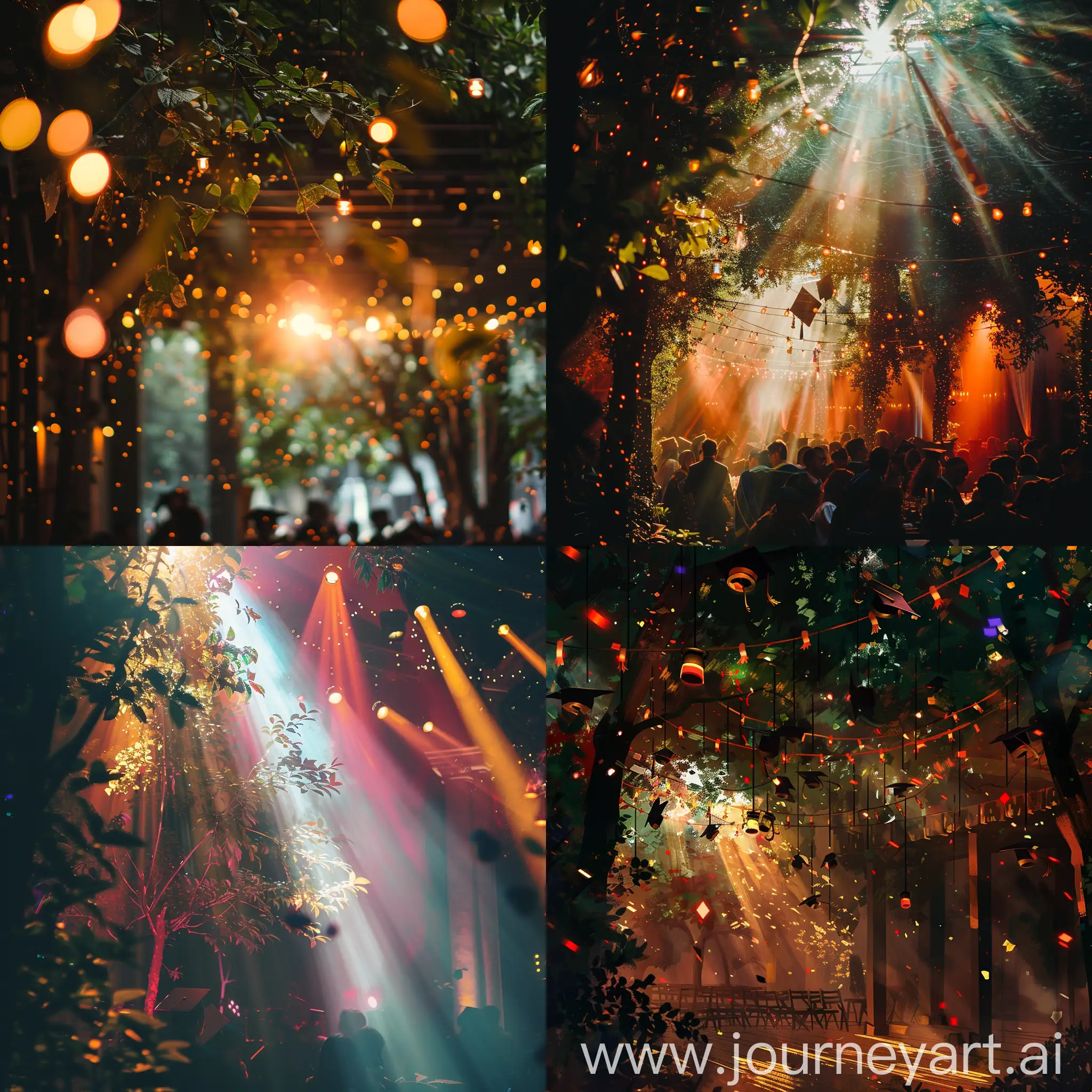 Background of chaos, evening with soft indoor lighting, cramped room, late hour, dappled sunlight through trees, diploma aloft, ceremony, late afternoon streaming, festive lighting, vibrant colours, fulfilment, inspiring, stage lights illuminating, twinkling.