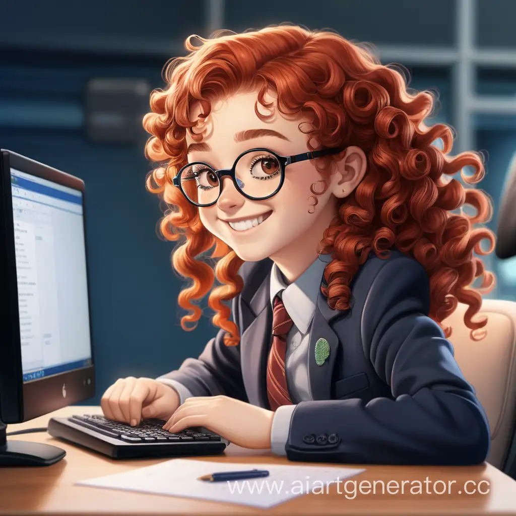 A 17-year-old girl is sitting at a computer. She has curly red hair. She's wearing round-rimmed glasses. She's wearing a business suit and tie. She looks at me with a smile on her face. 8k.