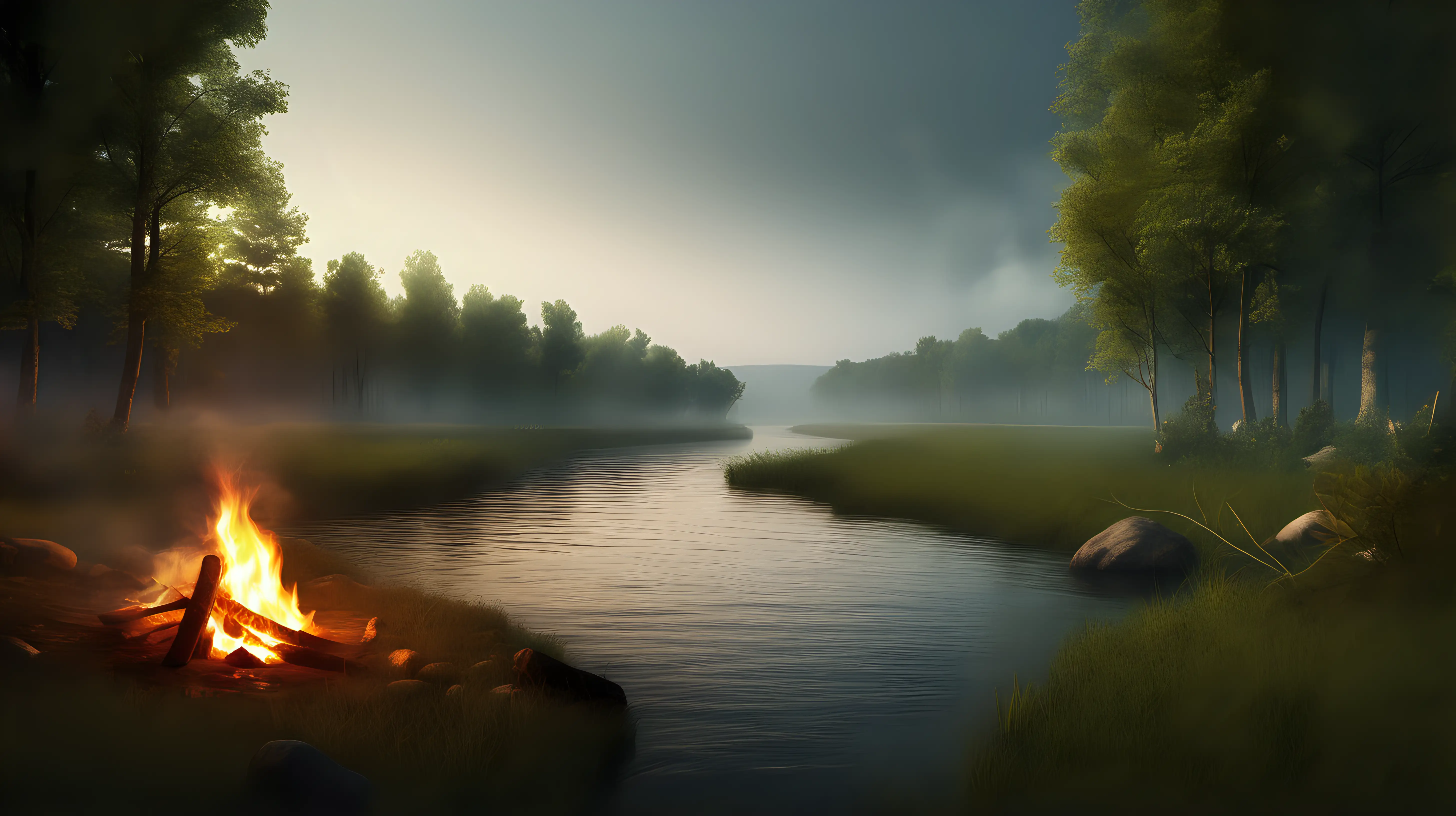a wide river, trees, grass. far away a smoldering campfire with cooking potatos