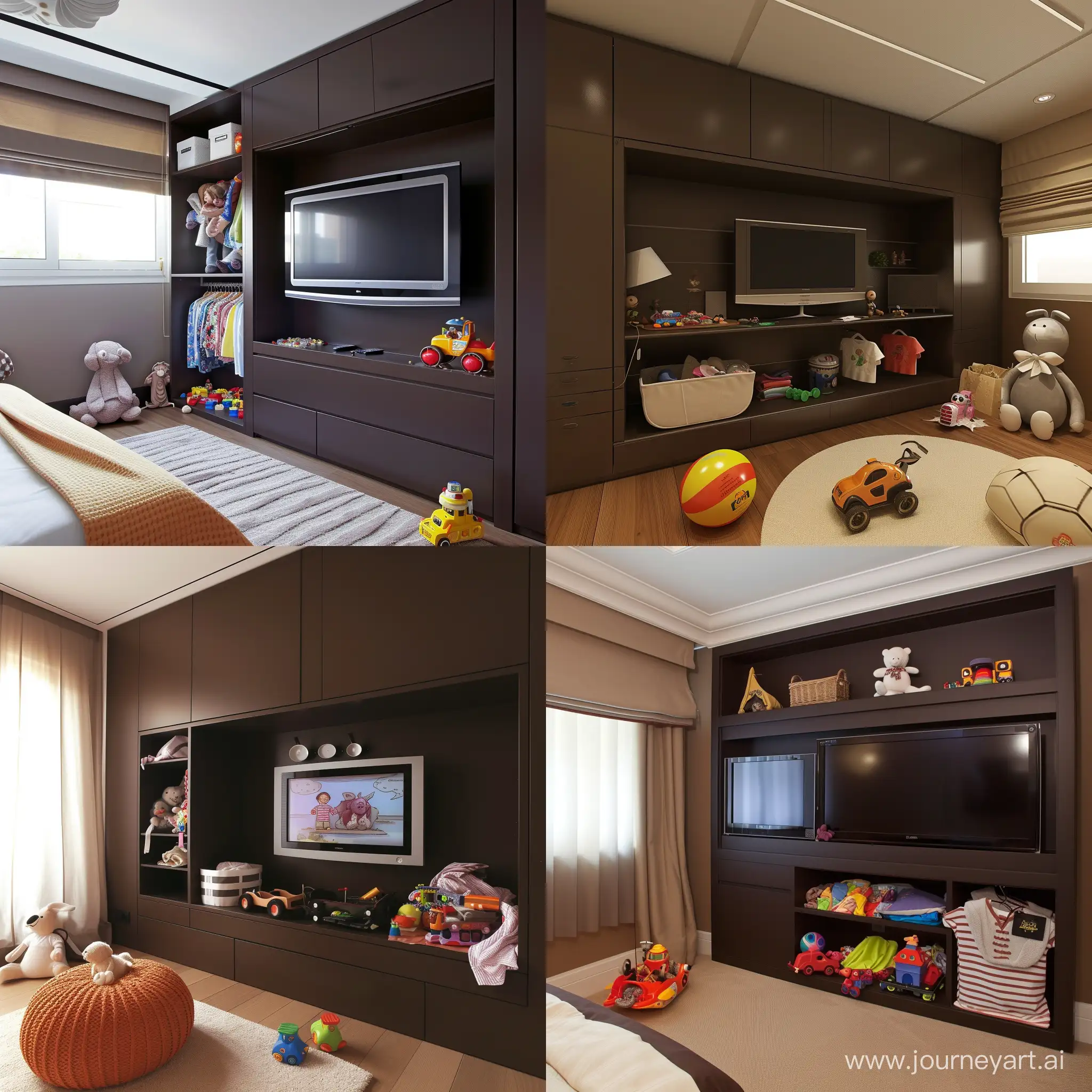 Habitación infantil estilo contemporáneo color chocolate, con televisión y área para guardar ropa y juguetes

