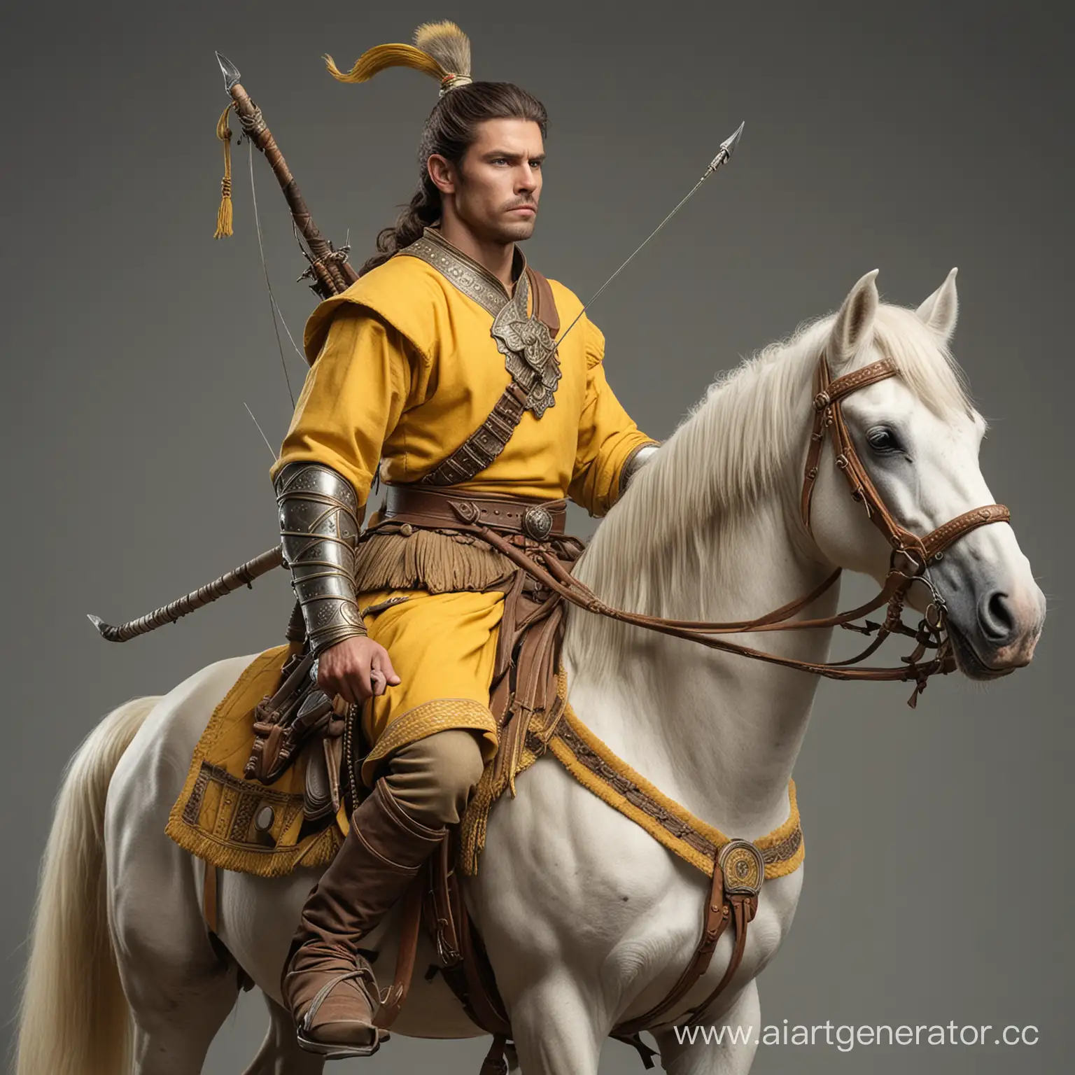 Ancient-Warrior-Riding-Horse-in-Yellow-Garments-with-Bow