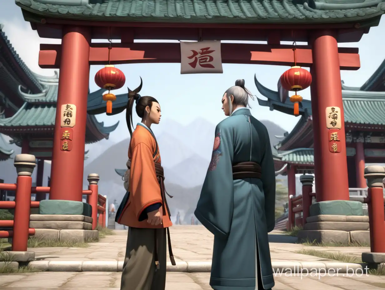 Scene description: In front of the Taoist temple gate stand two people. One aged 40-50, and the other 17-19. The 19-year-old is the protagonist, who looks into the eyes of the older man with a gaze full of hatred.

Image reference: A 40-50 year old man and a 17-19 year old protagonist standing in front of a Taoist temple gate, with the protagonist staring at the older man with eyes full of hatred.

Seed: 567436545