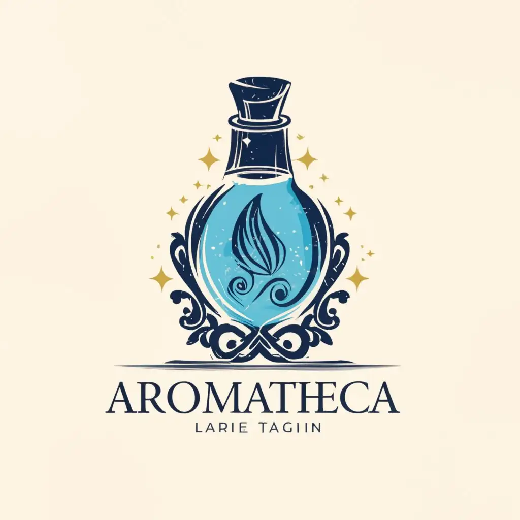 a logo design,with the text "Aromatheca", main symbol:vintage bottle with blue liquid, beautiful and memorable design,complex,clear background