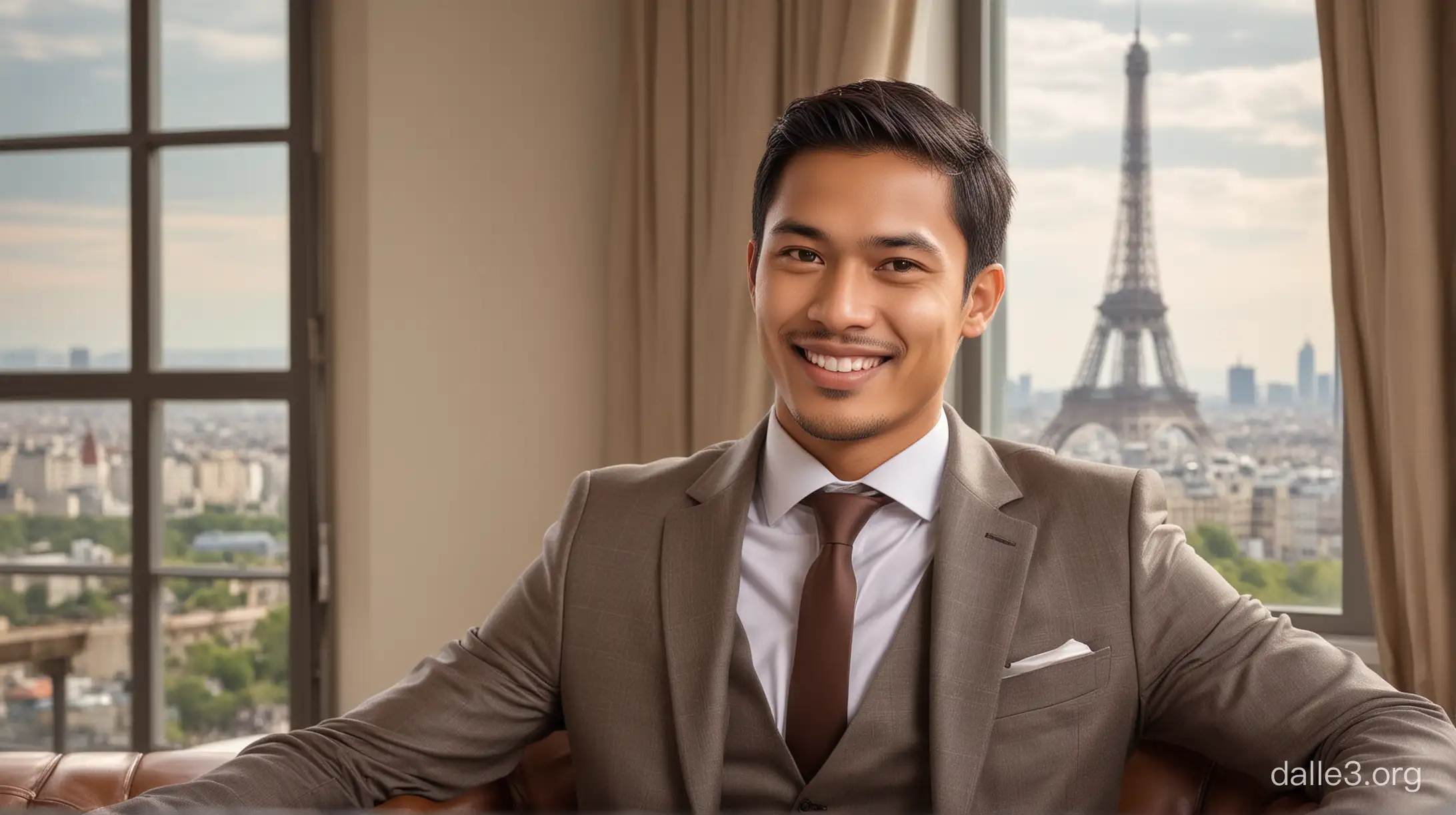 Photograpy, Photorealistic hyper quality of a beautiful, A handsome Indonesian man, 29 years old wearing a suit and tie is sitting on a brown leather chair. smilling. He has short hair and appears to be well-dressed. Eiffel Tower background behind the window, Canon EOS 90D (DSLR) ,Bokeh Master Lens,Bright,Photo, DSLR,High Quality Image, 256K Ultra HD