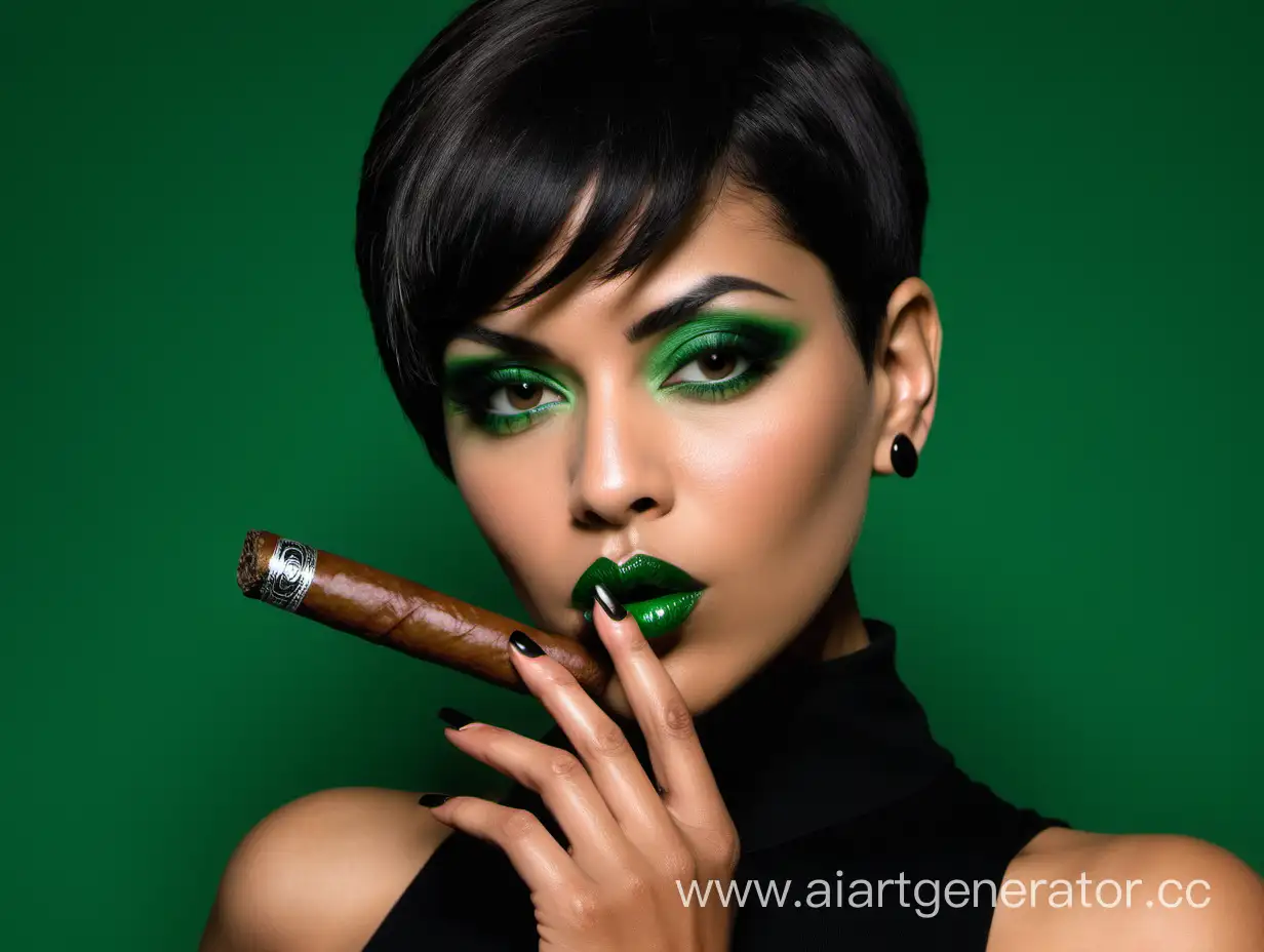 latina woman, short haircut, long sharp black fingernails, holding a thick cigar, large puckered lips, intense stare, green eyes