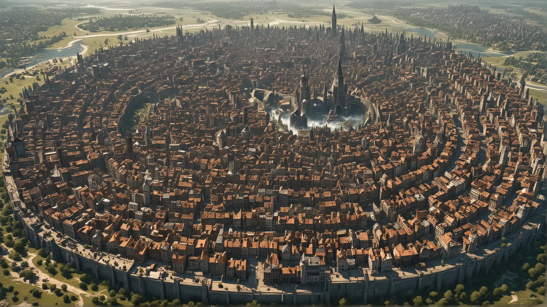 massive circle city, Medieval style , steampunk, epic fantasy, population of 25,000