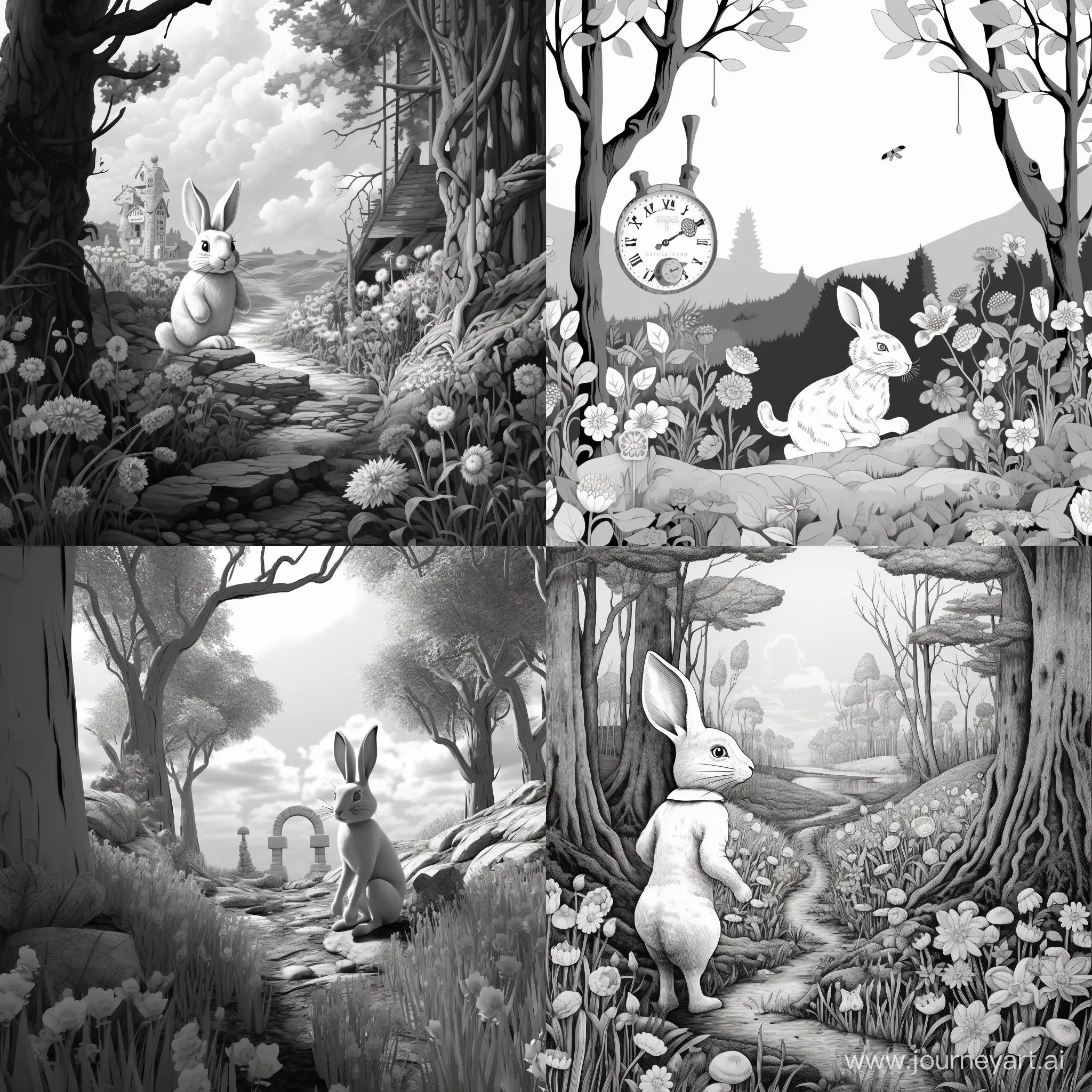 Input the white rabbit in view side fast run down in the forest with trees flowers and stones monochrome 
