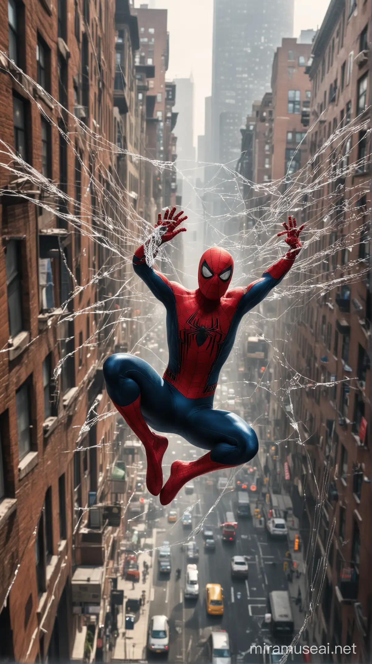 Spiderman Soaring Above Urban Streets with Spider Web