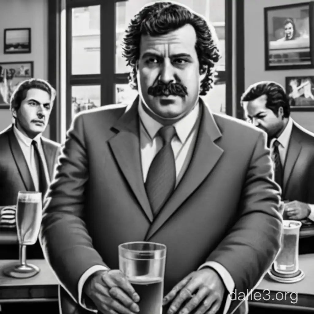 Pablo Escobar in a business suit in a bar speaking to other people. The 80s, black & white. Photorealistic.