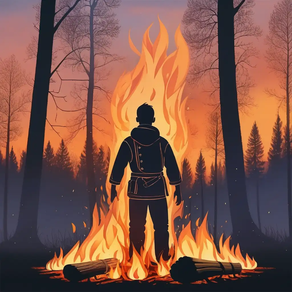 man standing in a the strong fire, campfire, deep cleansing, in the wood, sunset