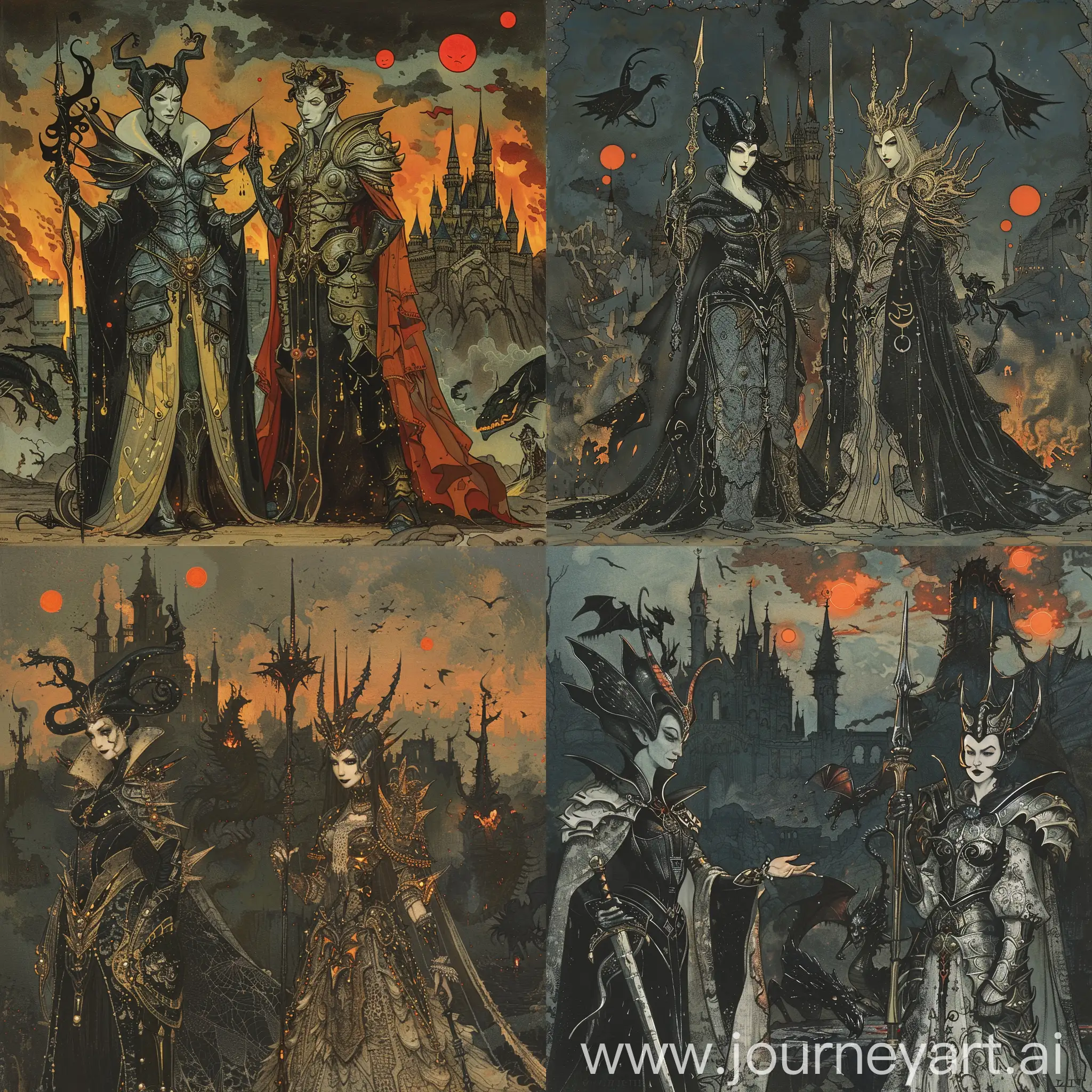 Mucha painting style:
two Disney villains,

at left, there is Maleficent with armor, and holds a black magic sword in the right hand.

at right, there is an Evil Queen with armor, who also holds a black magic sword in right hand.

They stand next to each other. The background is a creepy Disney castle under fire in ruin, far behind.

Small black dragons in the dark sky. Three small red sun in the dark sky.