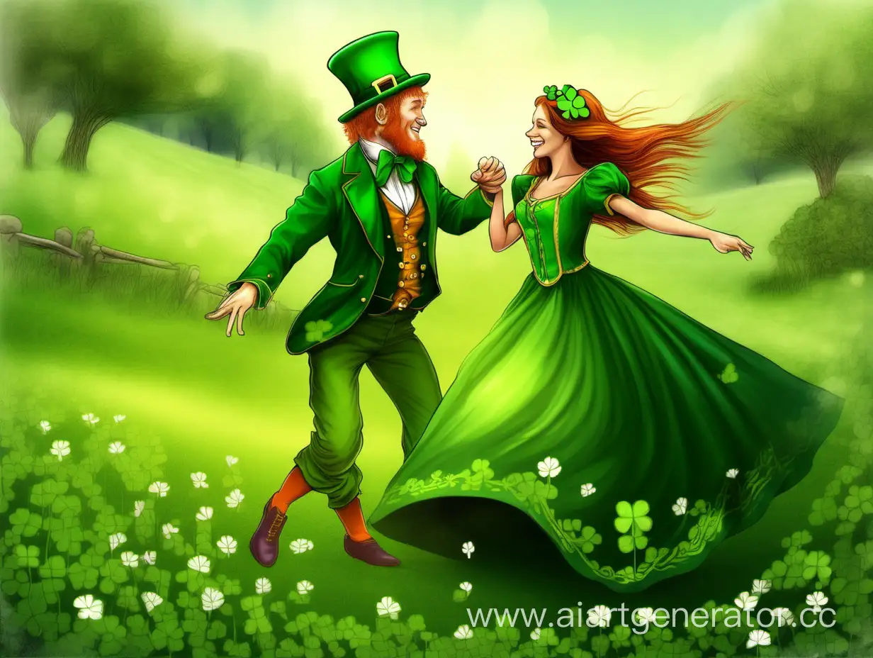 Красивый лепрекон танцует вальс с ирландской девушкой на поляне клевера
