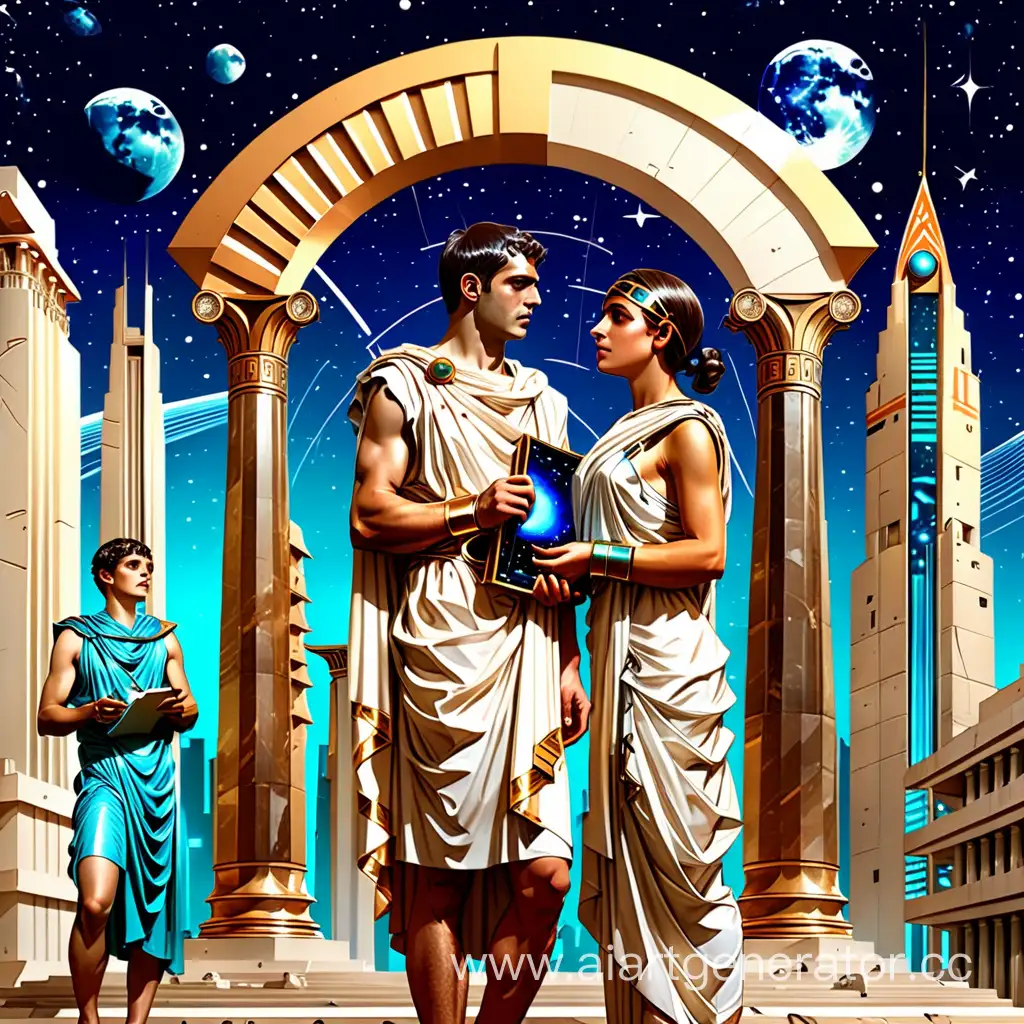 Space scientists of the future in ancient Greek and Roman togas against the background of shiny Art Deco towers