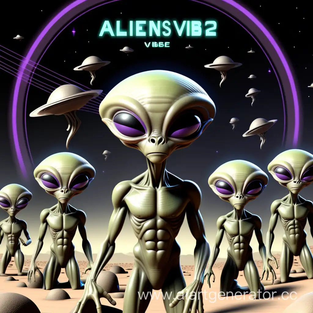 Прищельцы на планете с другими пришельцами слушают на колонках музыку из нот выложилось слово ALIENSVIBE 2