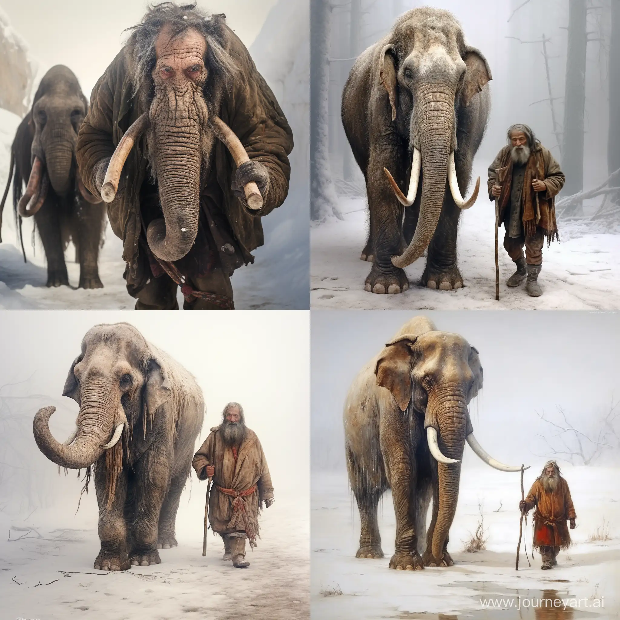Winter-Stroll-with-Old-Spanish-Beggar-Alongside-Mammoth-in-Siberia