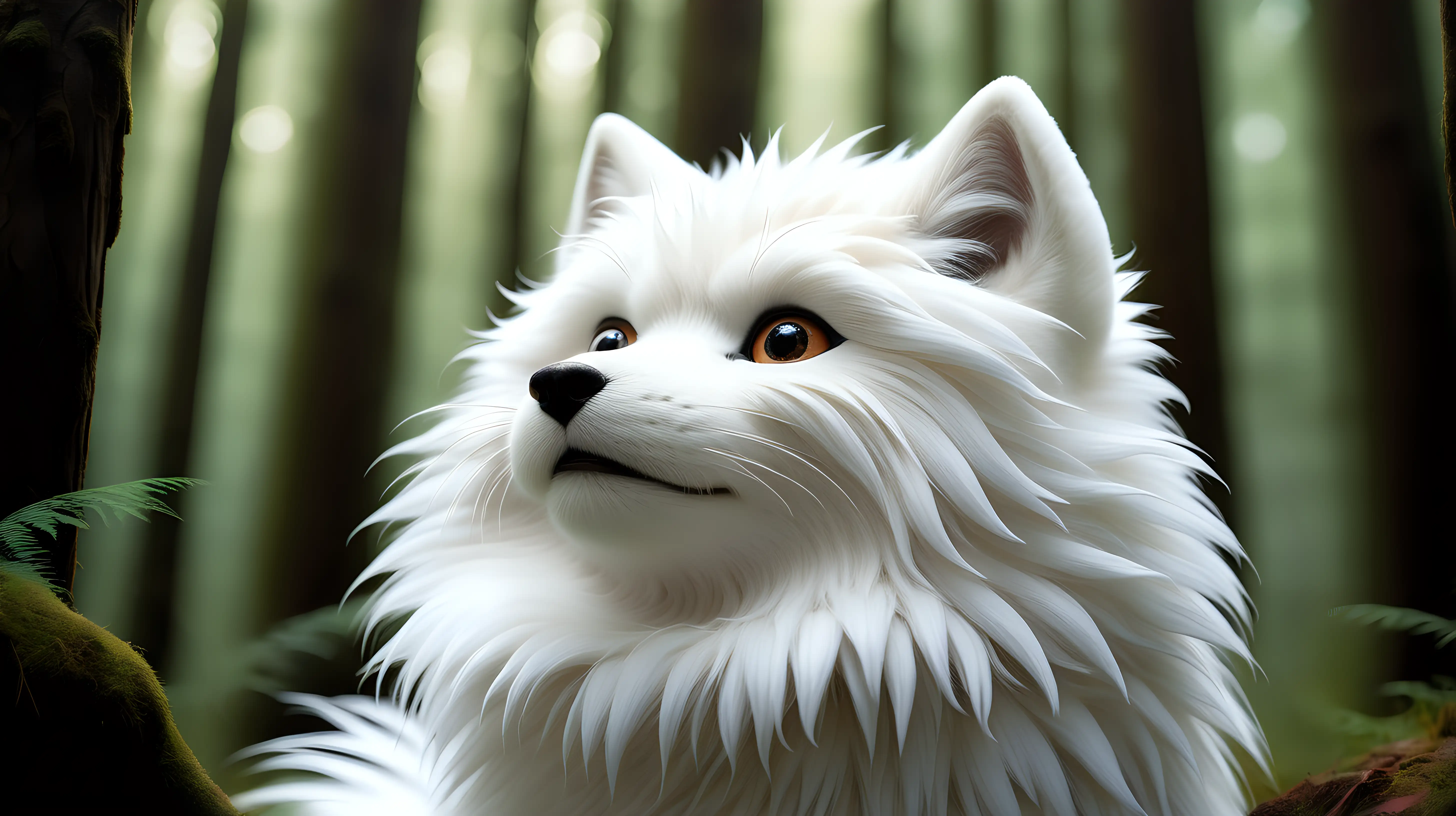 tasho with the white fur looking to the sky at the magical forest