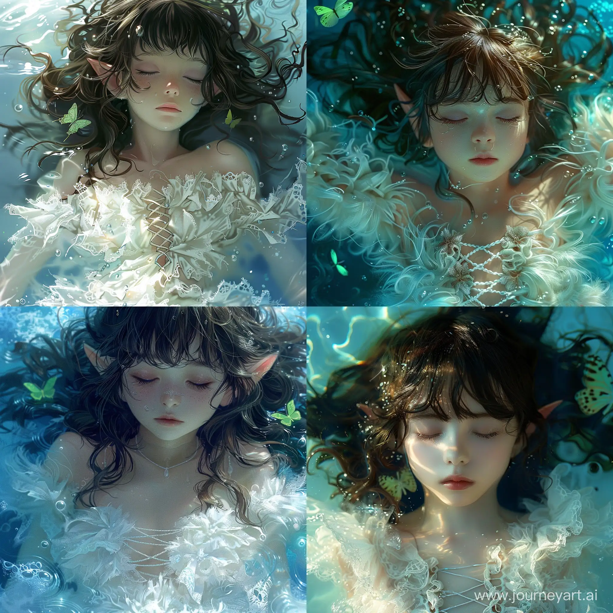 1 elf girl, dark brown hair, wavy hair, asymmetrical bangs, closed eyes, in white fluffy dress with laces, lies half in the water, blue, light, top view, atmosphere, (close-up face and slightly body), matcha, green butterflies, girl focus