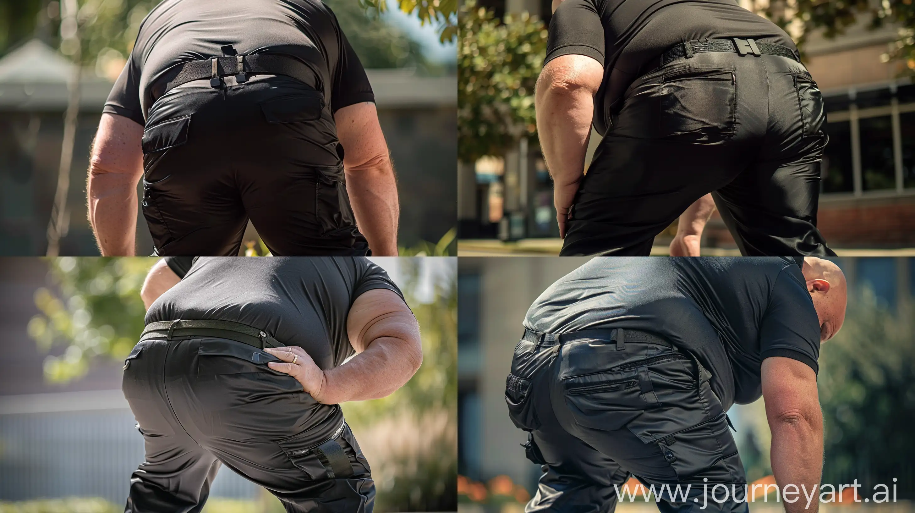 Close-up back-view photo of a fat man aged 60 wearing a silk black slim-fitted battle pants and a tucked in silk black sport polo. Black tactical belt. Bending over with his legs spread out. Outside. Bald. Clean Shaven. Natural light. --style raw --ar 16:9