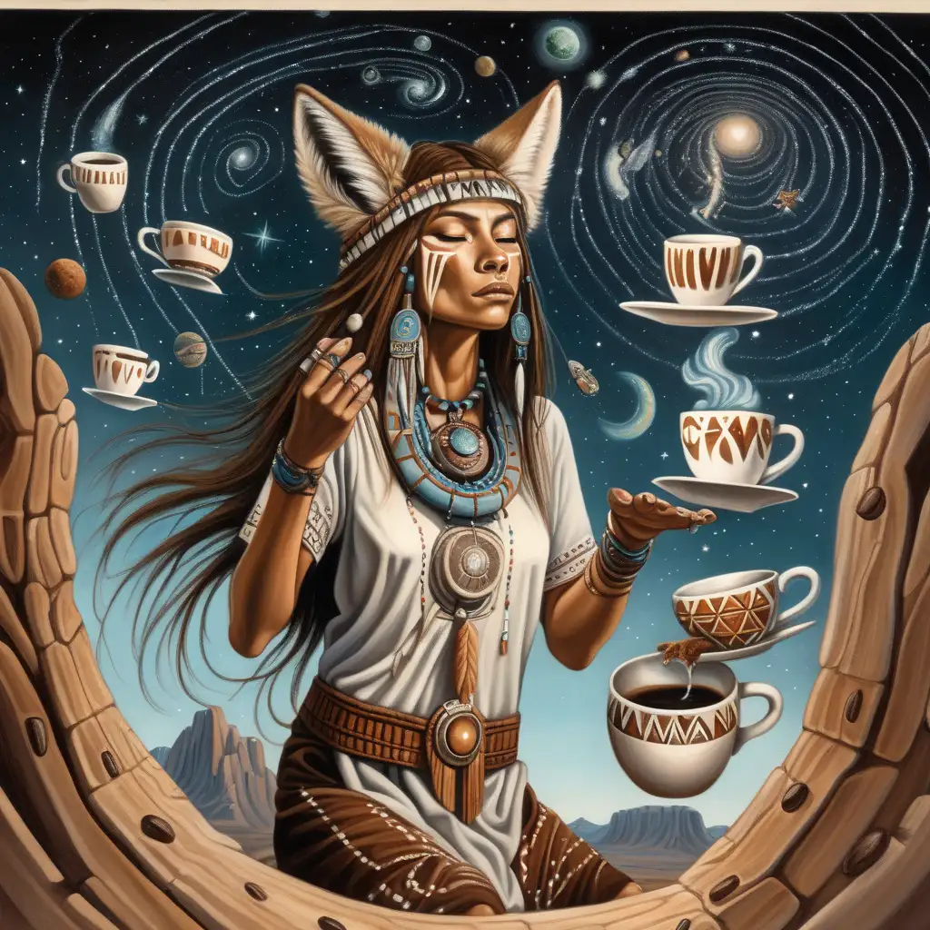 A coyote woman shaman ascending through a worm hole, stars and comets in coffee cups shapes passing by