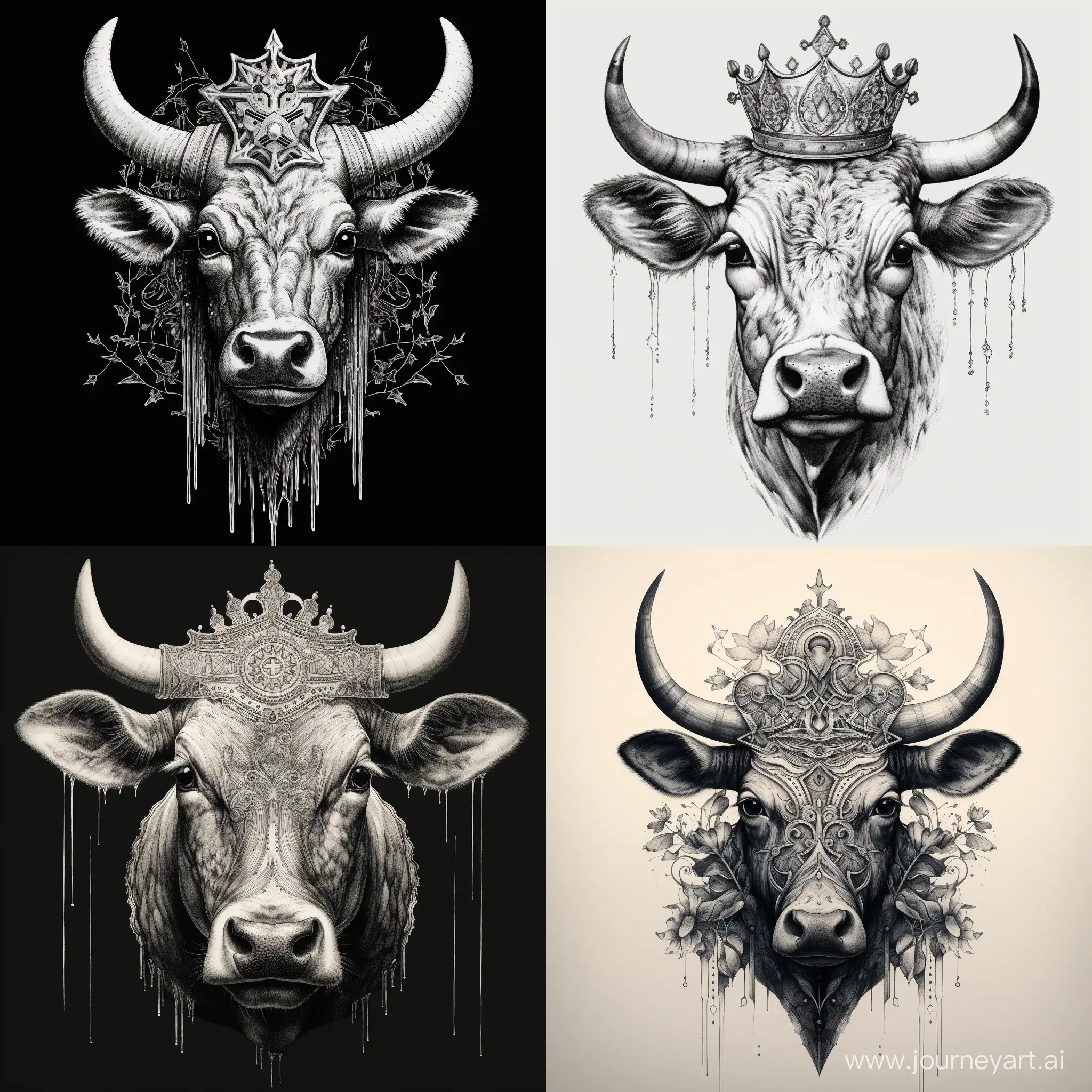 Mystical-Engraving-Cow-Portrait-with-Crown-of-Thorns-and-Magical-Elements