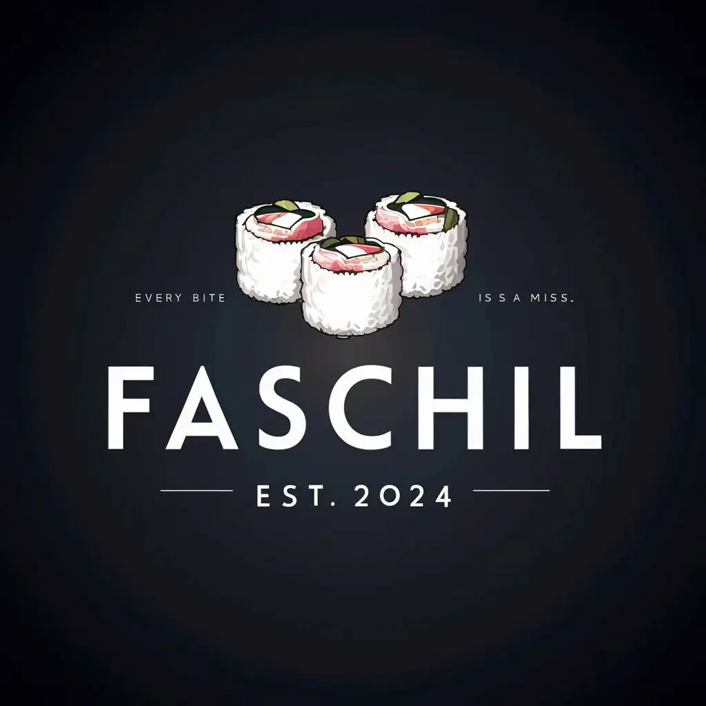 logo, sushi rolls, with the text "FasChil, EST 2024", slogan FasChil Blizz, Every Bite is a Miss!