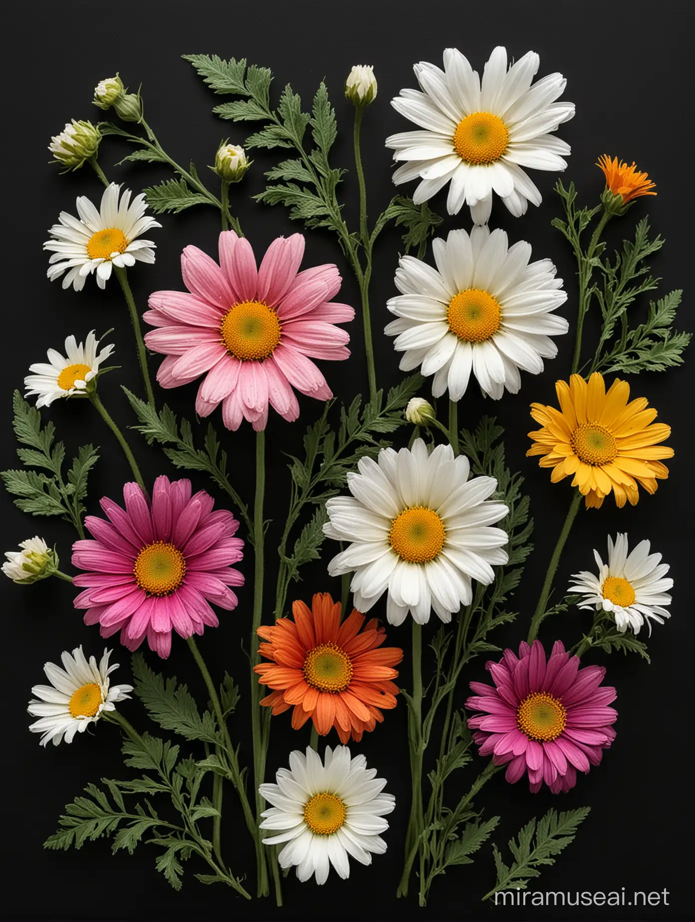 Vibrant MultiColored Daisy Blooms in Stylish Botanical Decor on Black Background