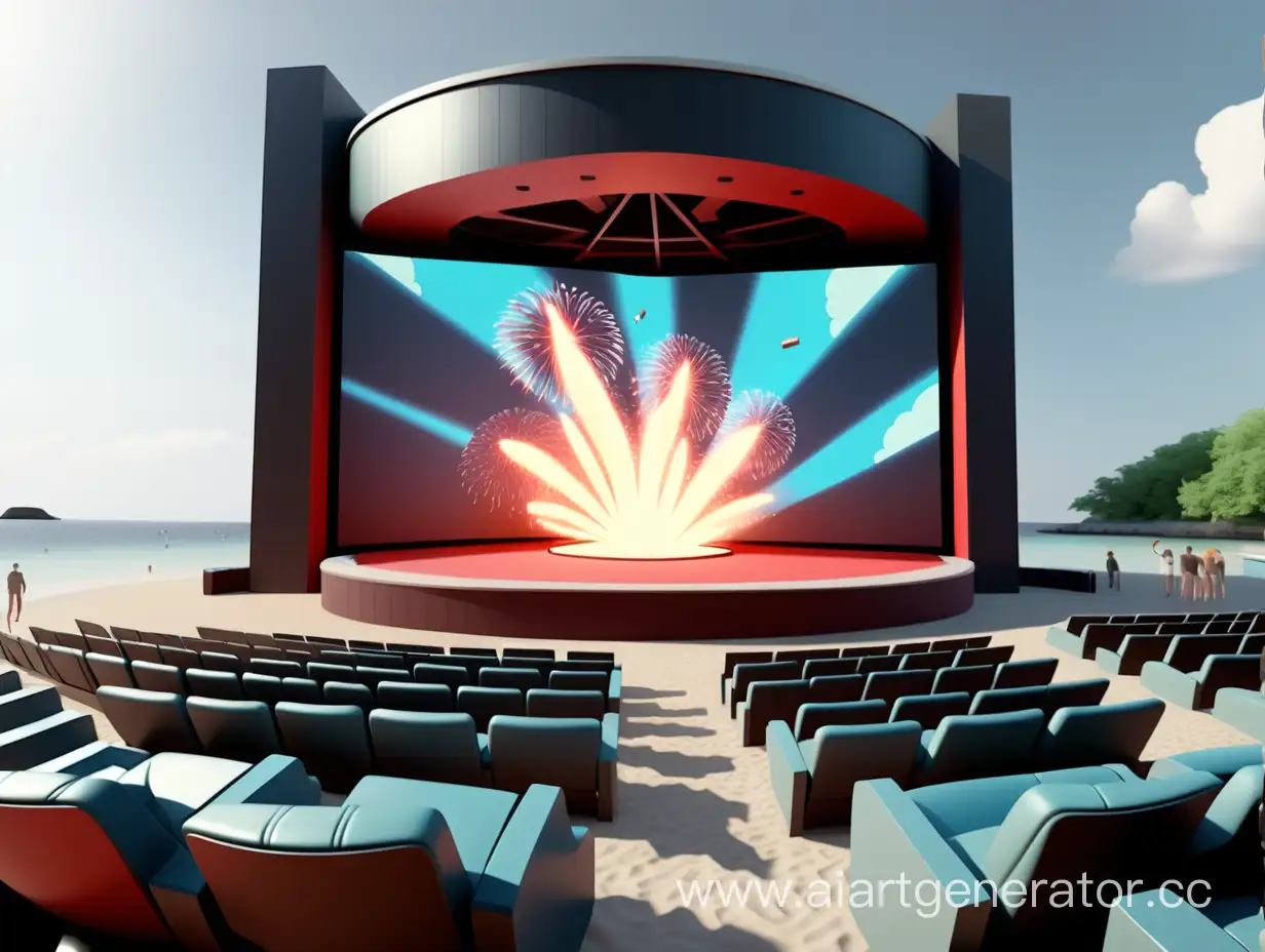 остров с большим  кинотеатром  с кинопленкой и хлопушкой кинематографической которые вращаются и огромным экраном  с креслами 