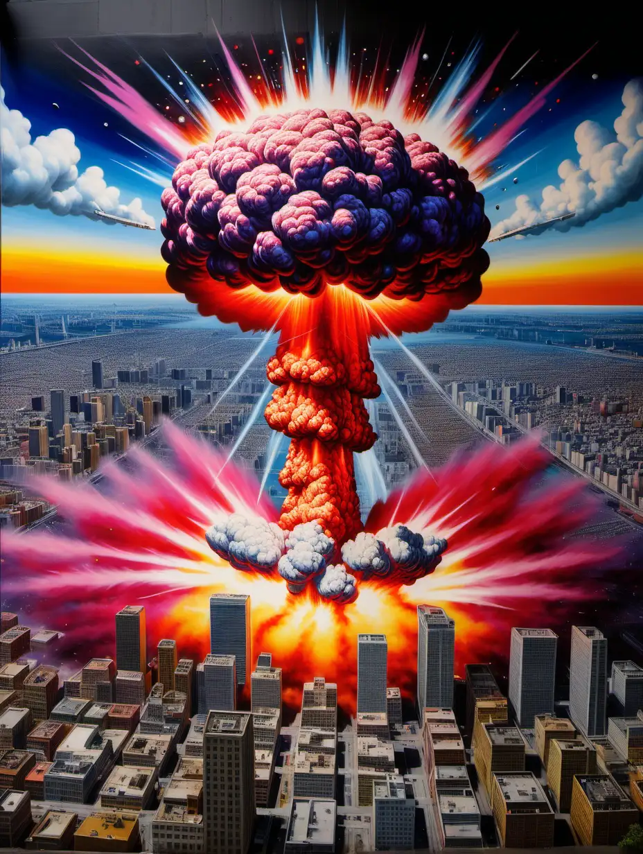 Wall painting of an 800 gigaton thermonuclear device exploding above a large major city, vivid colors, fine detail.