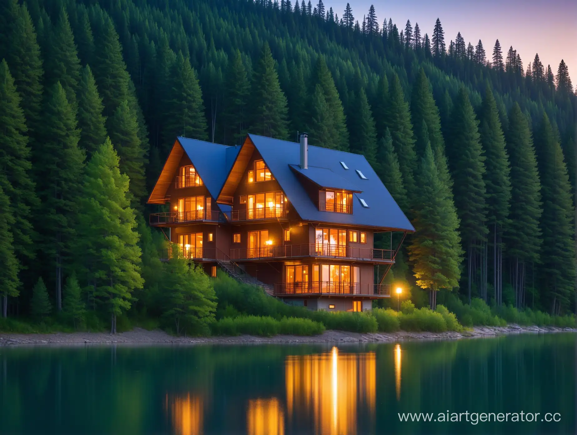 Rustic-TwoStory-House-by-a-Serene-Lake-in-a-Forested-Landscape