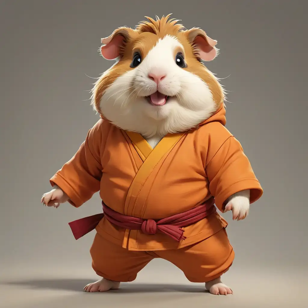 a happy fun Guinea pig in cartoon style in full body with Shaolin Temple clothes with clear background