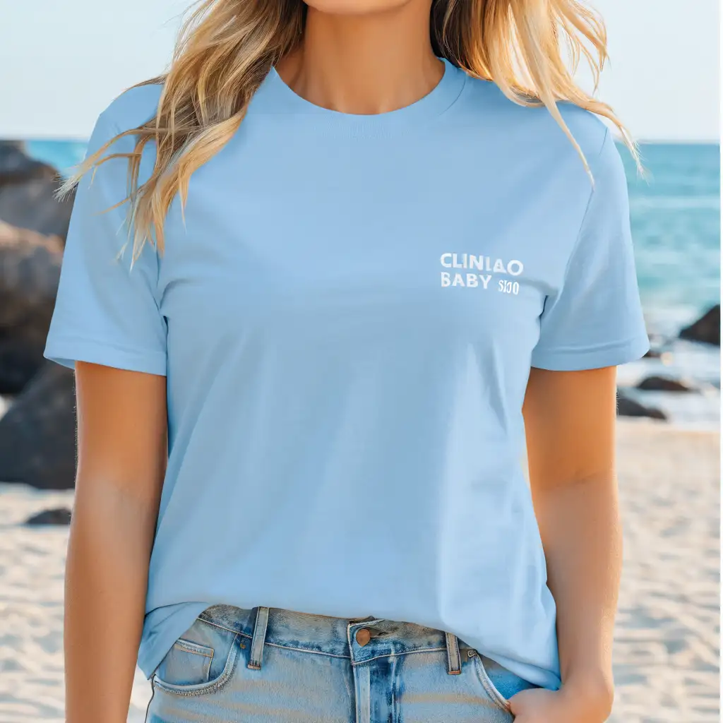 blonde woman wearing bella canvas 3001 oversized baby blue color t-shirt mockup wearing jeans, clear shirt stiches, beach background