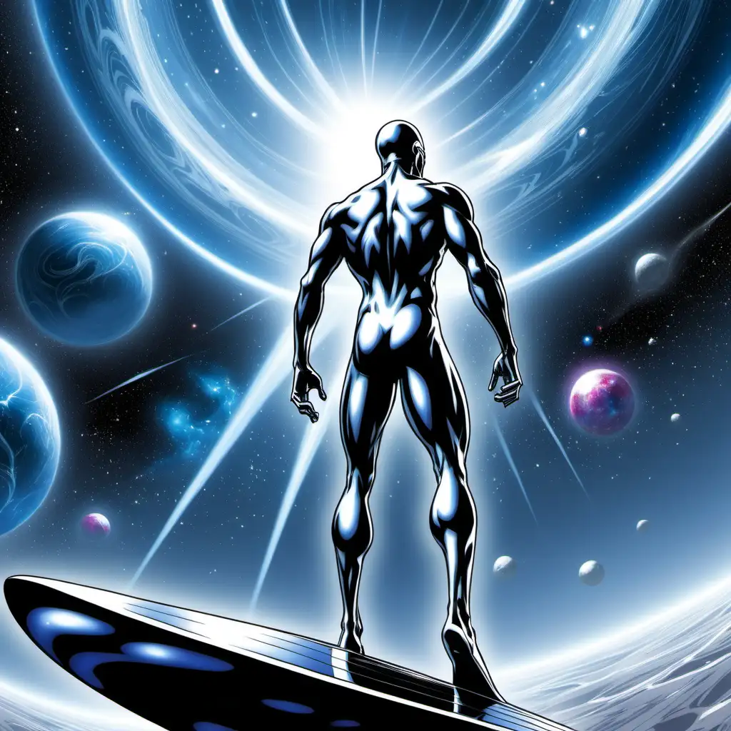 the awesome universe in the background. silver surfer

