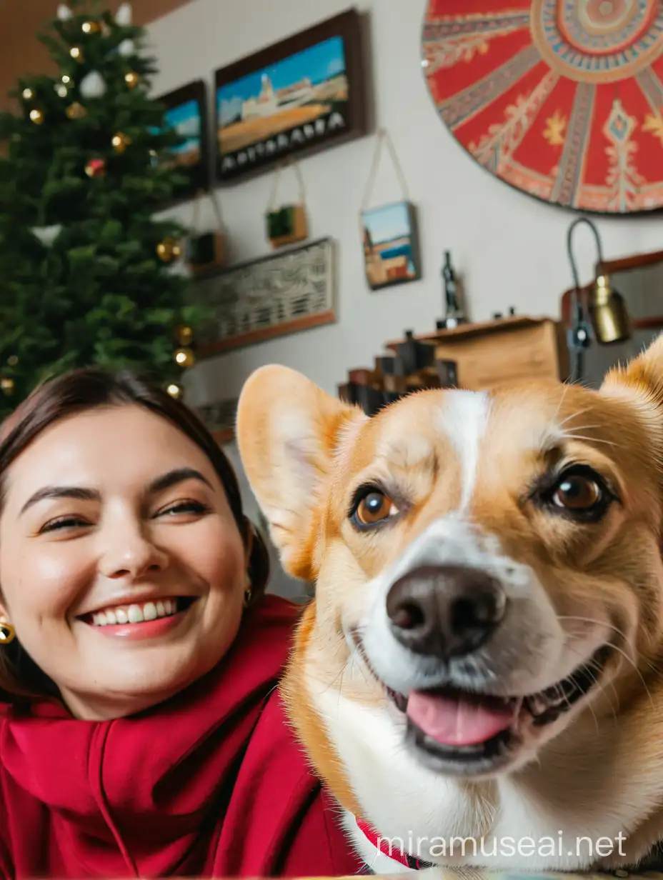 A young woman smiling with her corgi