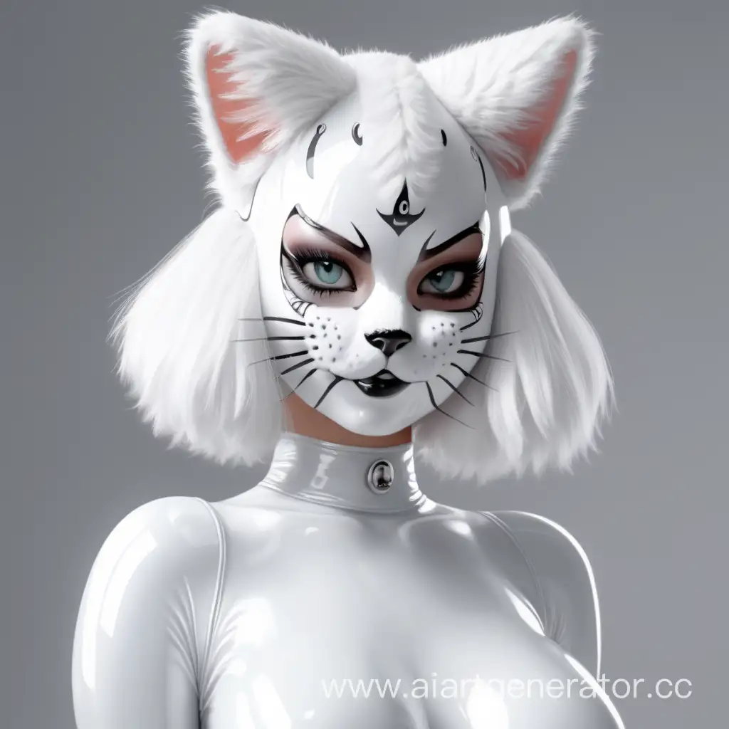 Латексная девушка фурри кошка с белой латексной кожей с белым латексным лицом. Изображение сделать в милой стилистике