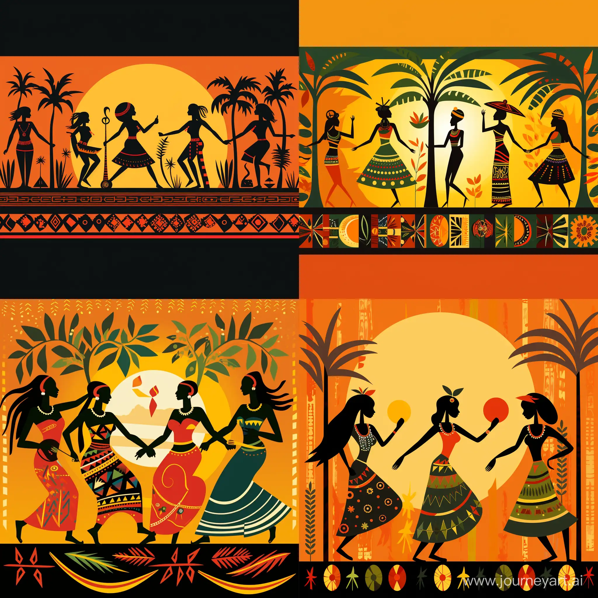 три горизонтальные дорожки...первая- пальмы,попугаи.  Вторая, средняя, танцуют мужчины и женщины  этнический африканский племенной танец с там-тамами( барабаны). в коротких из тростника юбках. Национальная одежда для танцаю  У женщин в руках бубны...
Нижняя дорожка горизонтальная- этнические графические знаки и узоры.                      Все в солнечных тонах. Веселье, радость...