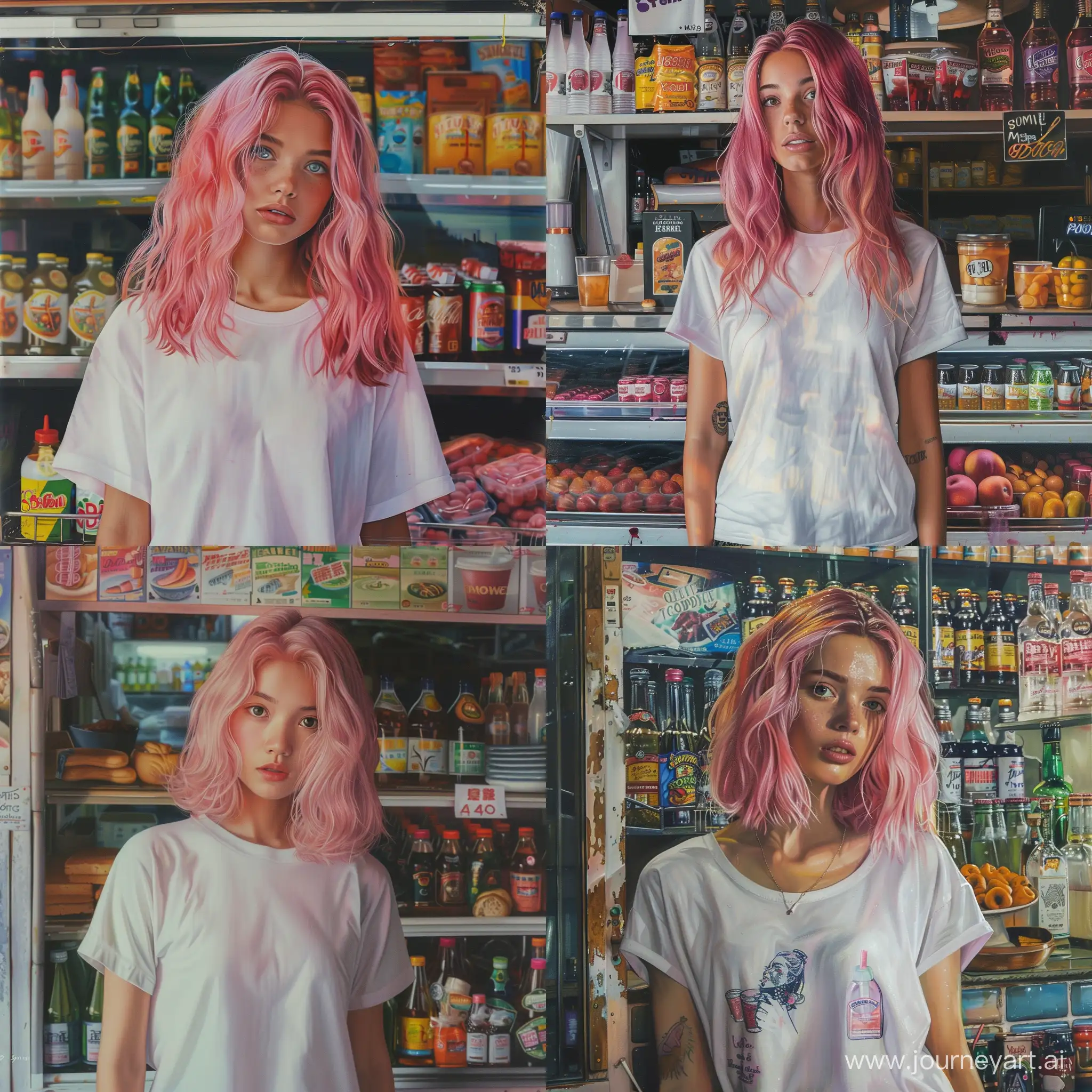 Girl in a white summer t-shirt with pink hair in a shop selling drinks, food, photorealism, high detail