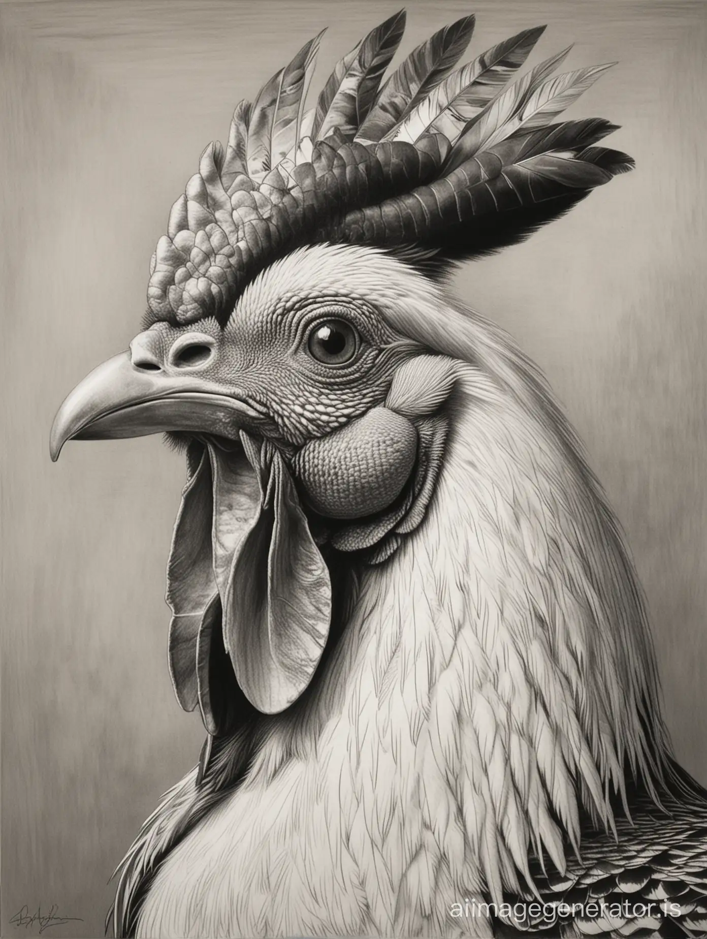 In Picasso's style created an artist's pencil drawing in black and white of a Liège Gamecock head 

