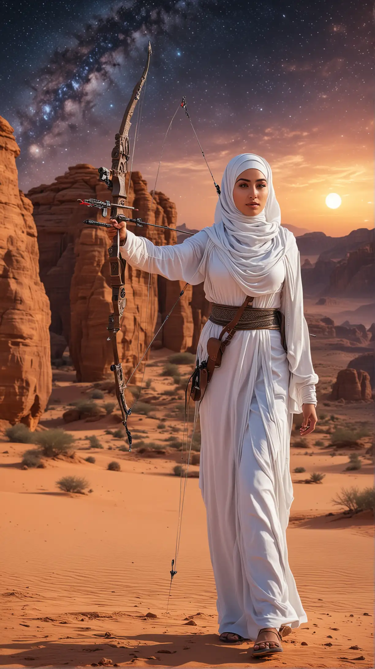 one arabic woman wearing hijab walking  graceful ,very detailed and has archery in her back, vibrant, majestic landscape of desert in with petra build  site background, milky way,  beautiful sky and star. heroin vibe character, realistic, illustration, ultra detailed for everything, high quality, render, stable diffusion, beautiful vibrance palette colors, full shot distance view, photography style, best composition pictures , best perfect body composition form,  view from distance, --ar niji v6.0, perfect beautiful  form everything, 