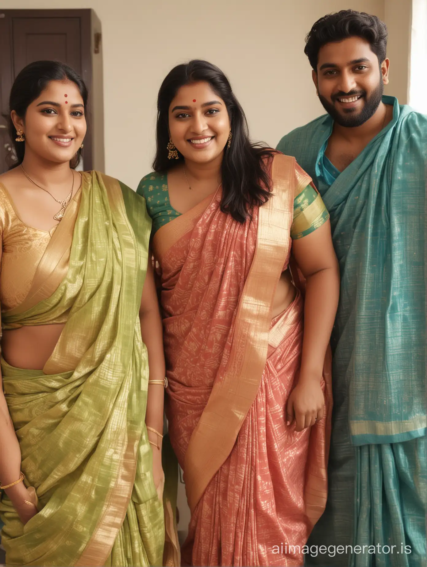 Beautiful indian plus size women wore sleeveless saree relax at home with male friends