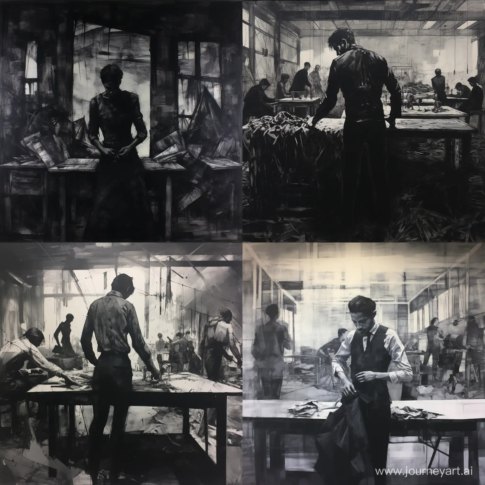 one labour in a torn clothes stands up on the desk, happily ballet dancing, inside a dense gloomy monochromatic post-industrial mechanical manufacture, full of monochromatic  labour in tuxedo doing their job soullessly, most are trying to ignore the man, but some staring with shame, ink sketch