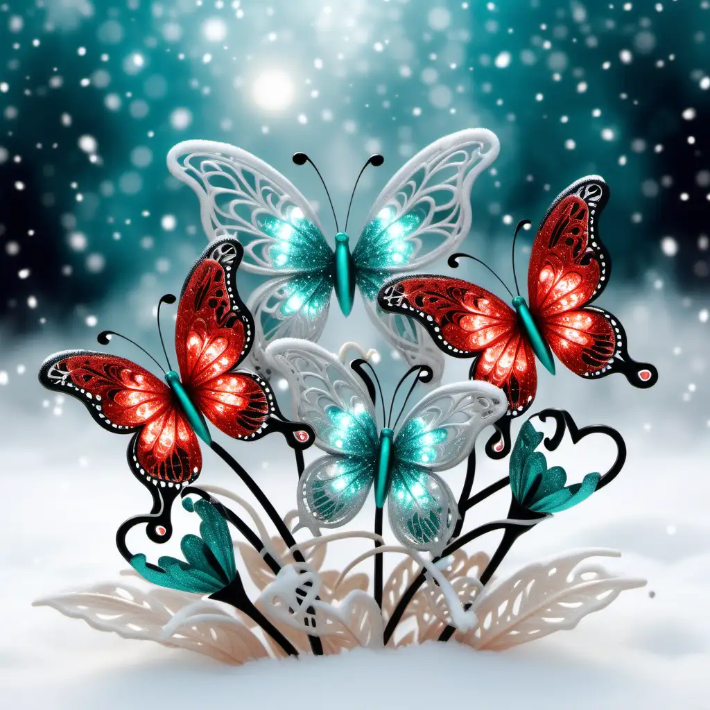 Glitter glowing triple hearts , with  tiger lily flowers, in a snowy glistening winter background, one beautiful delicate lacey glistening butterfly, glitter, gloving, transparent, teal, Black and red