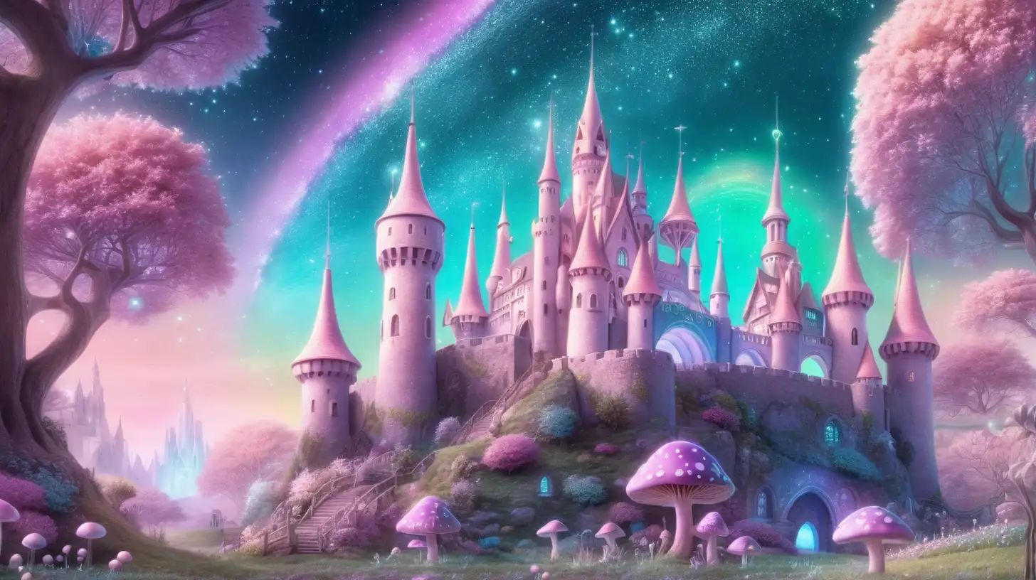 Enchanting Grape Tree Castle with Cosmic Asteroids and Rainbow Mushroom Garden