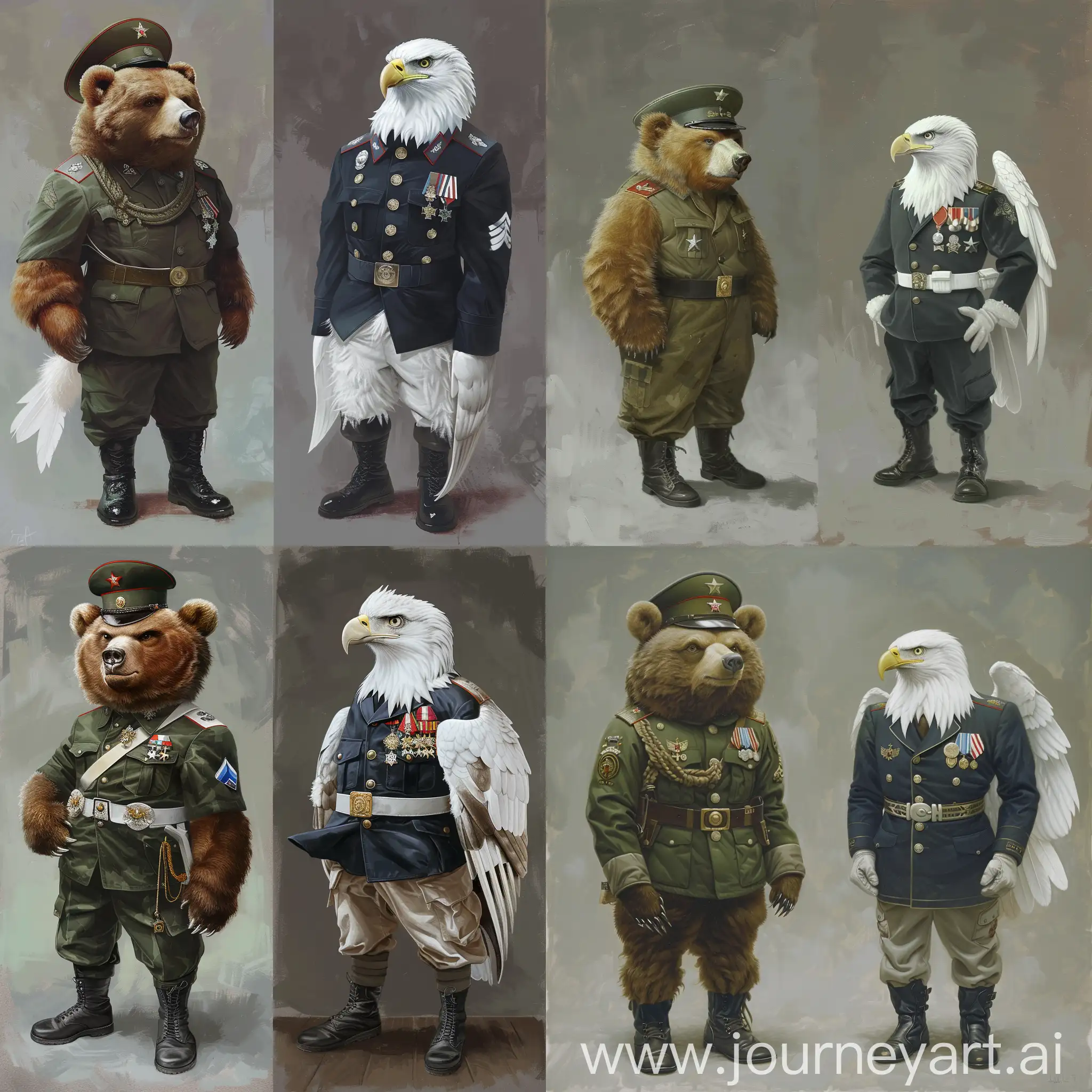 Historic painting style:

At left, a cute furry brown bear, this bear wears a deep green color Russian military hat, uniform, pants and black boots.

At right, a cute furry white eagle with white wing, this eagle wears deep marine blue color USA military hat, uniform, pants and black boots.

#808080 gray color as background.