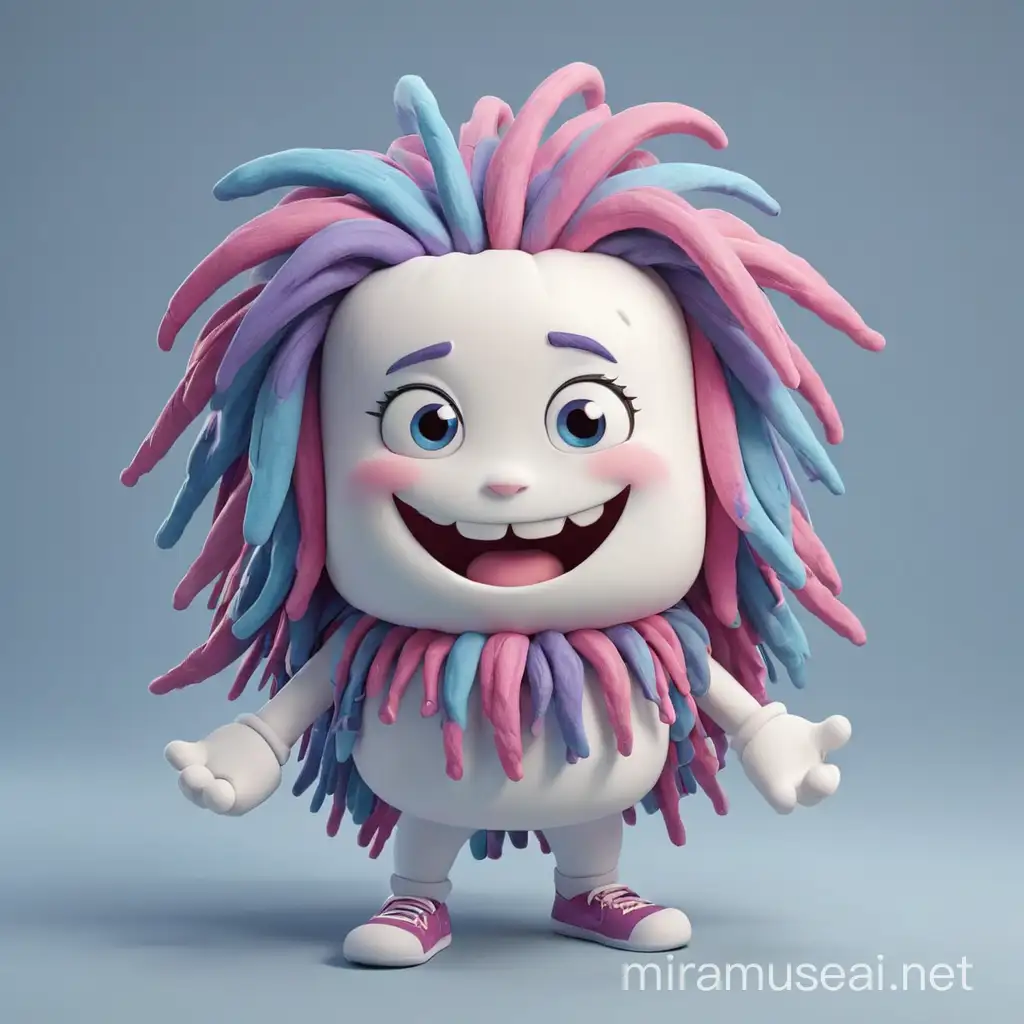 a friendly looking marshmallow mascot. she is a marshmallow. she is pink and blue with purple dreads. you can see her whole body, she has 2 arms only. 3D animation