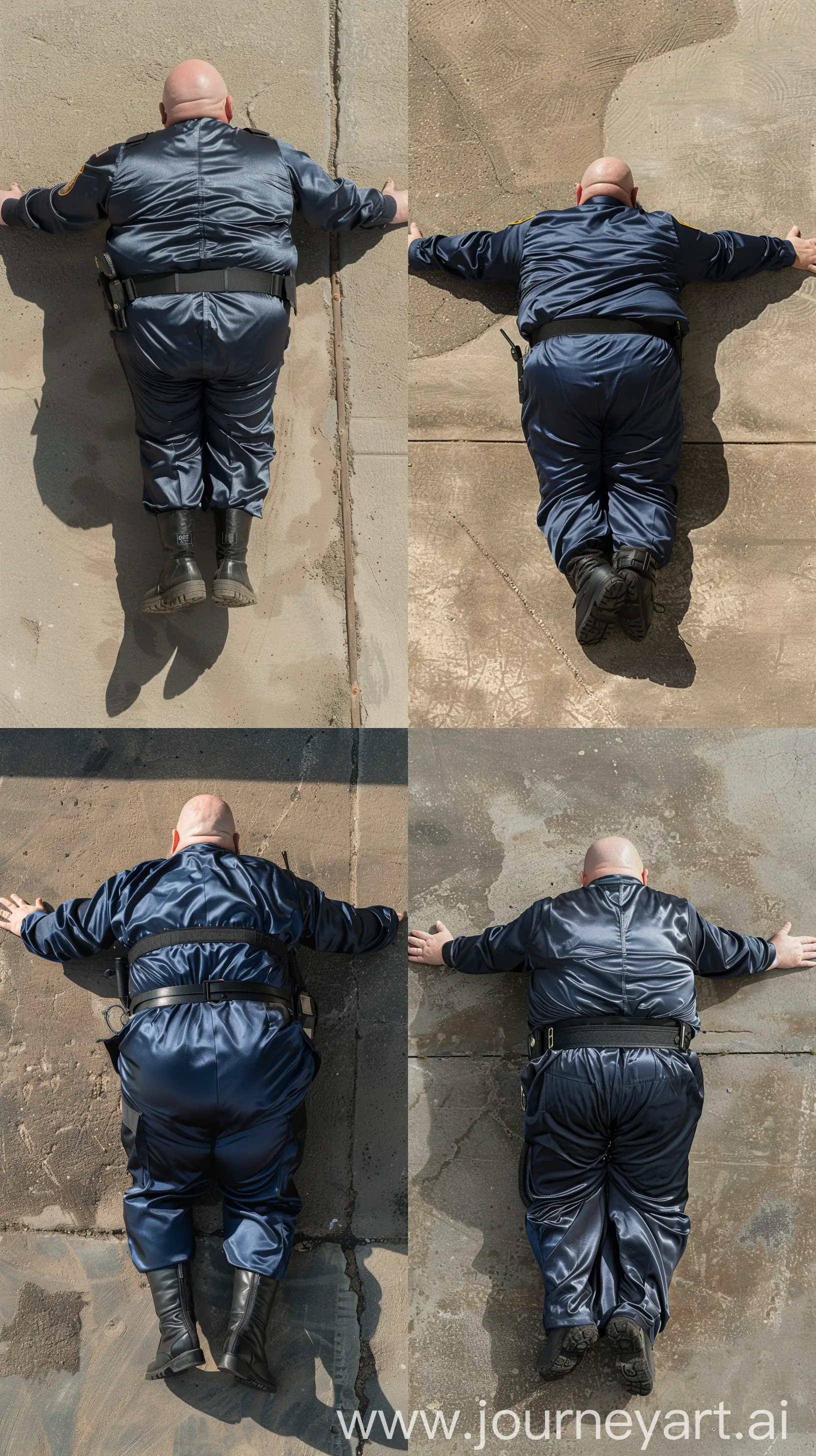 Aerial back view photo of a fat man aged 60 wearing a silk navy security guard skinny-fitted full coverall tucked in black tactical boots. Black tactical belt. His body is lying flat on the ground. Legs and arms extended. Outside. Bald. Clean Shaven. Natural light --ar 9:16