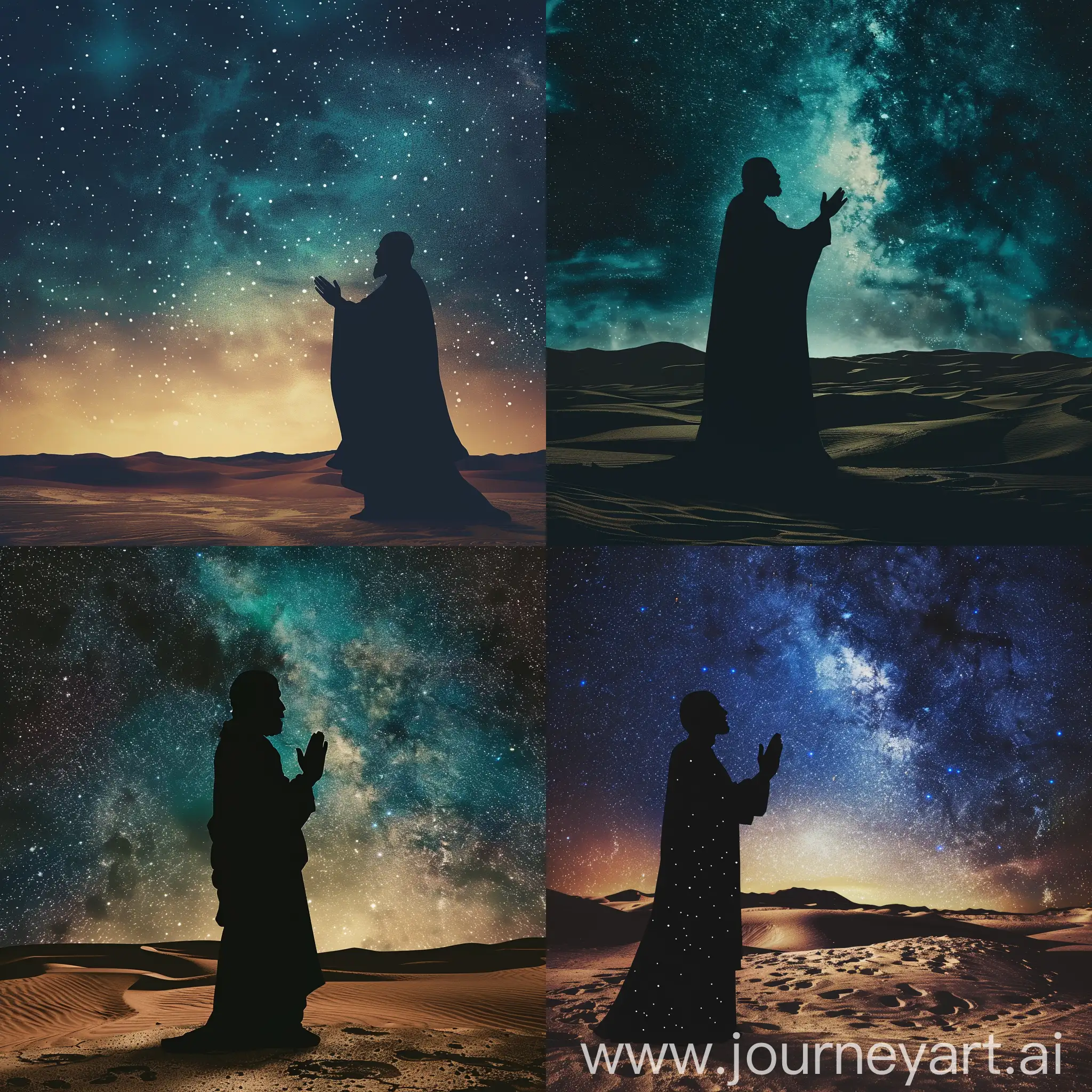 A silhouette of Abraham, a biblical figure, making a supplication in a barren desert landscape. The sky is a deep, starry expanse, and the desert sand stretches out in all directions. Abraham's hands are raised in prayer, while his tall, lean figure is cloaked in a flowing robe. The background a dimly visible oasis, symbolizing the promise of God for a better future.