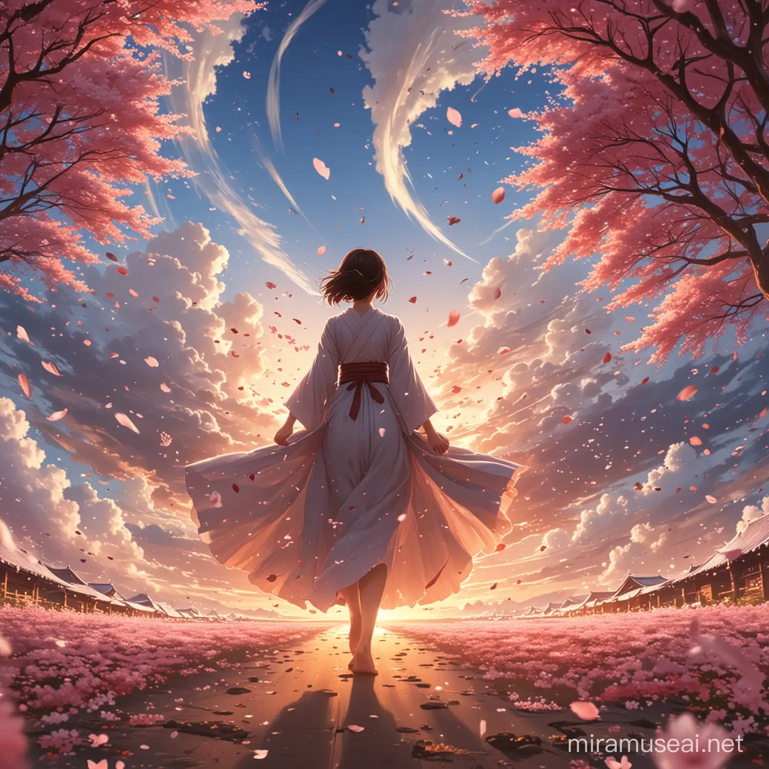 Anime Kimi no Nawa,a beautiful woman in a long dress made up of sakura, floating flying in the sunset sky far away in a distance, staring at a straight ahead and back towards us, barefoot, surrounded by tornado of sakura petals