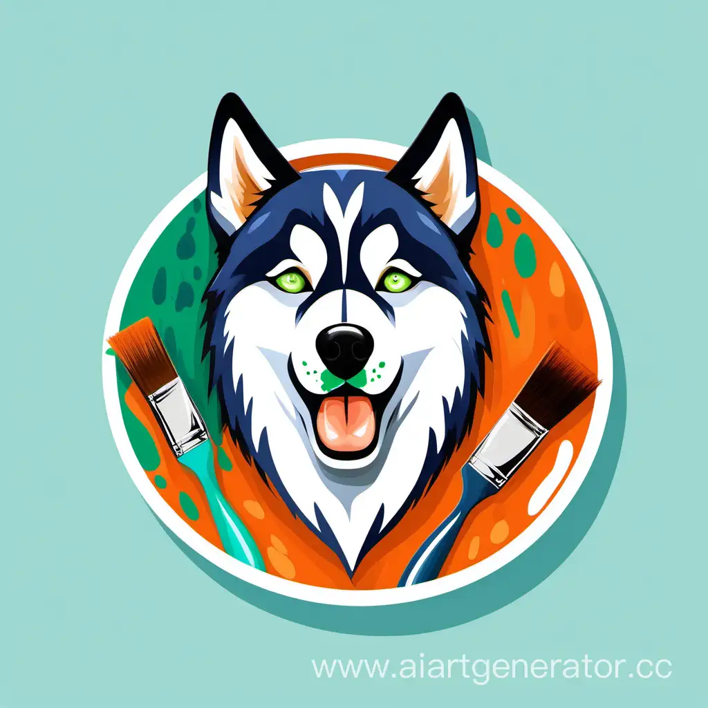 Circle icon with green and orange paint strokes with blue-eyed husky with brush in his mouth