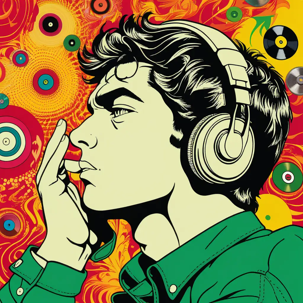 pop art illustration of a young man, lost in dreams while listening to vinyl records, colors in green, red and yellow, psychedelic background, words "Pantero Records" on top of illustration.